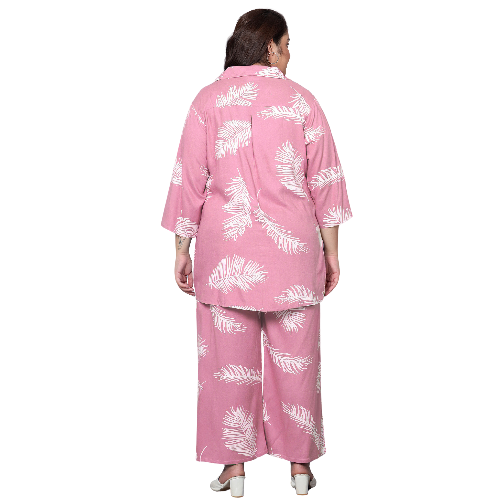 Pink Leaf Print Plus Size Co-Ord Set