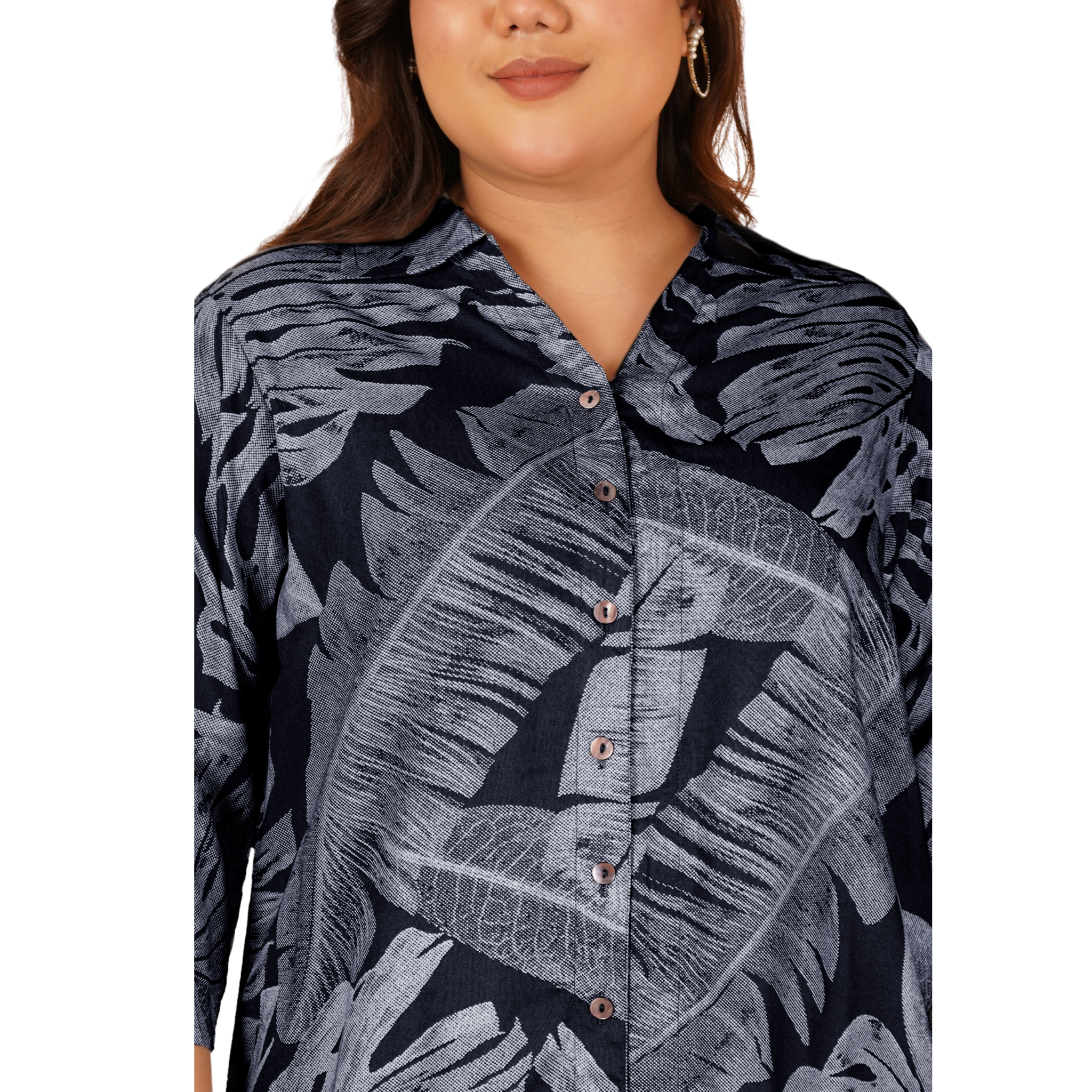 Dark Blue Leaf Print Plus Size Shirt