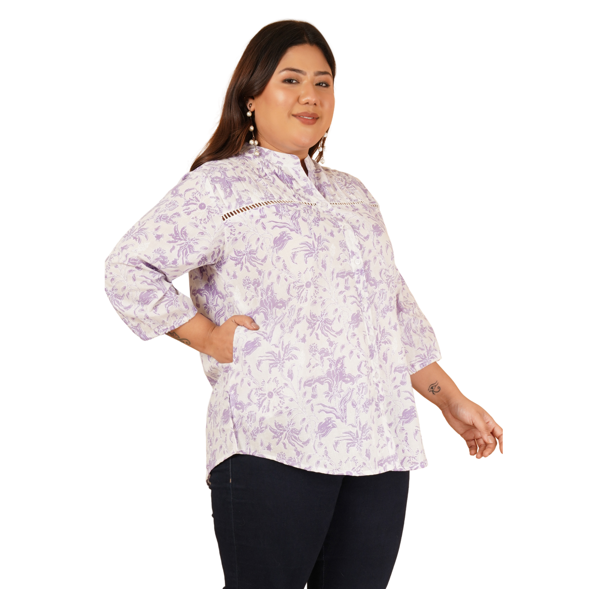 Purple Print Plus Size Lace Shirt