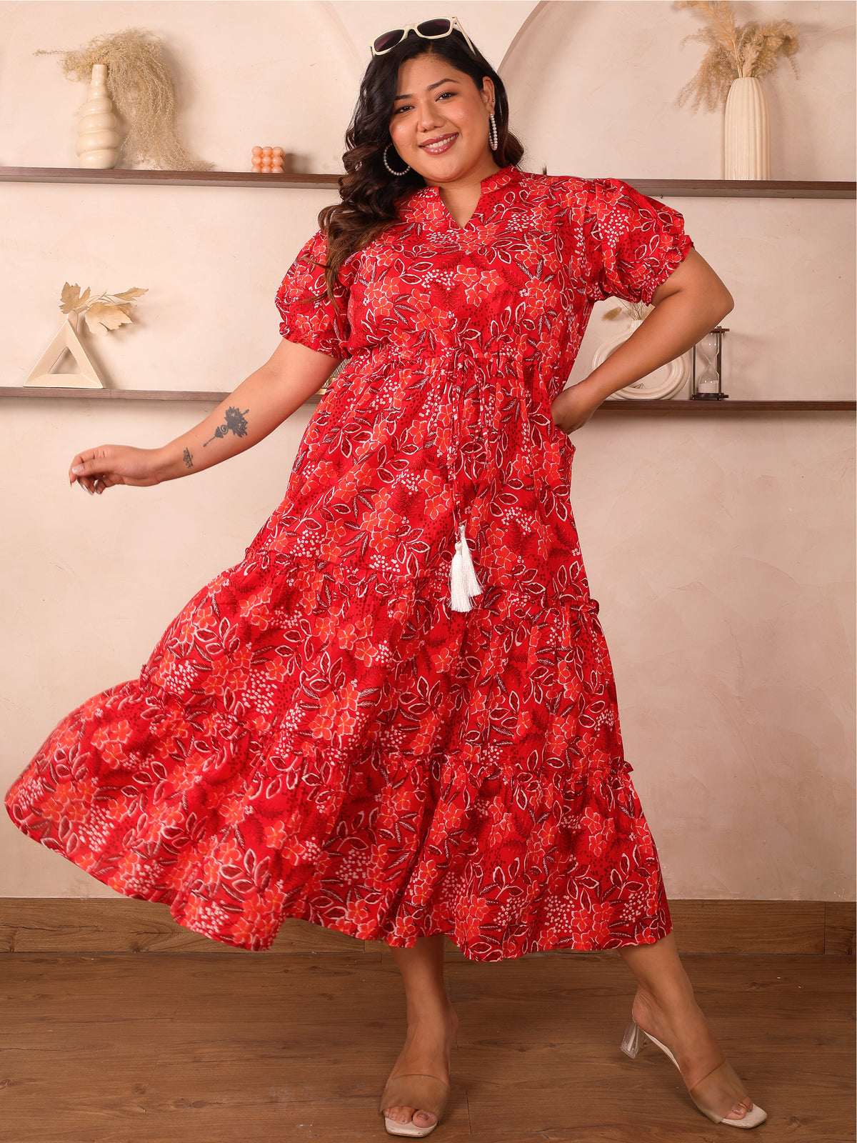 Red Floral Tiered Plus Size Dress