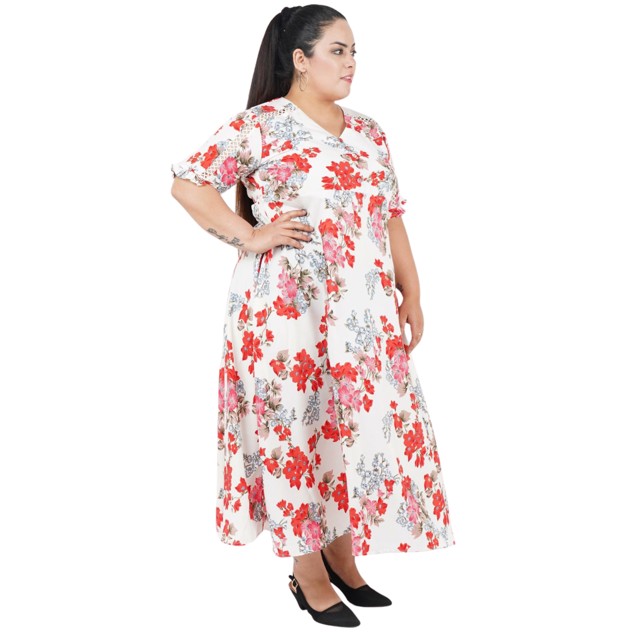 White and Red Floral Print Plus Size Dress