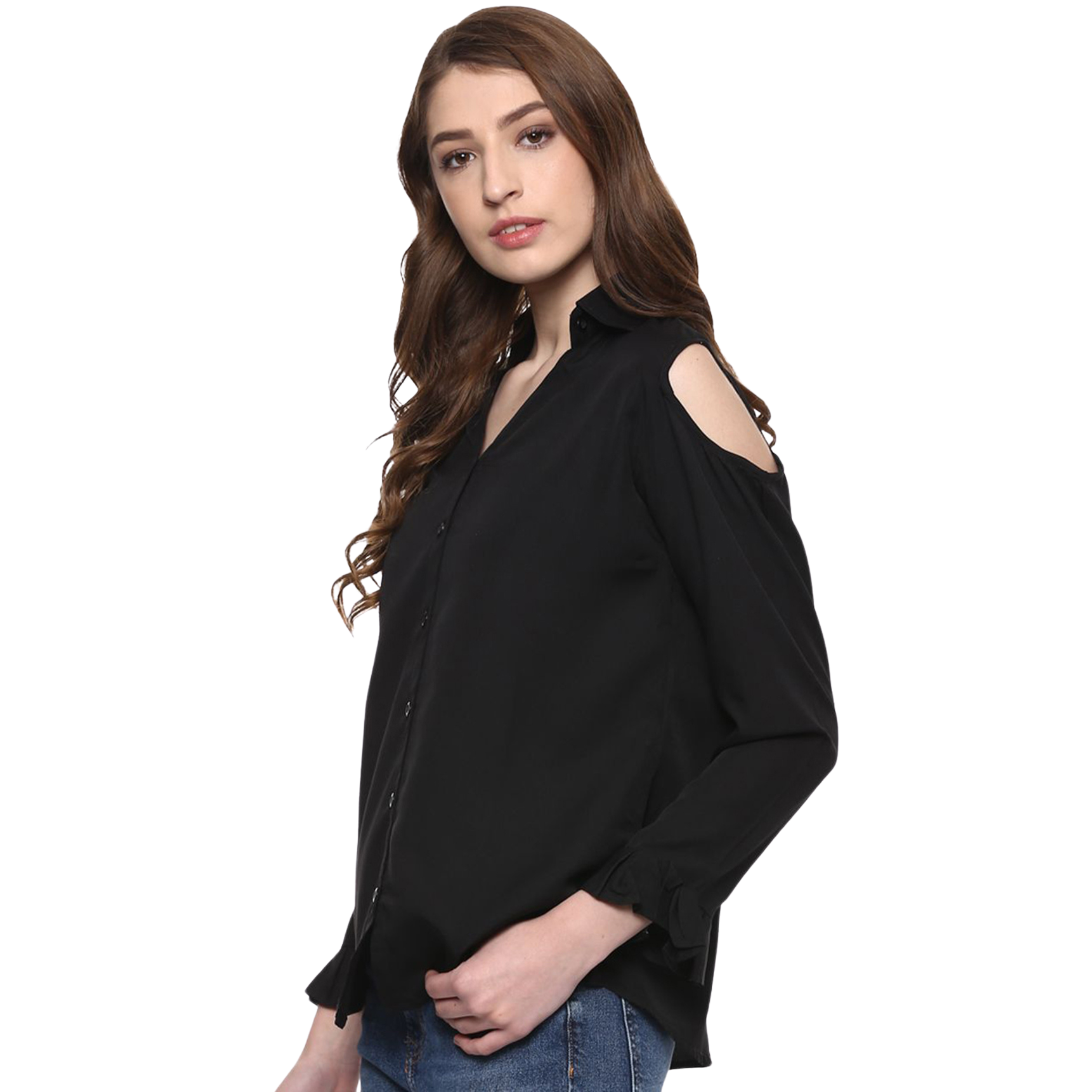 Black Cold Shoulder Ruffled Shirt