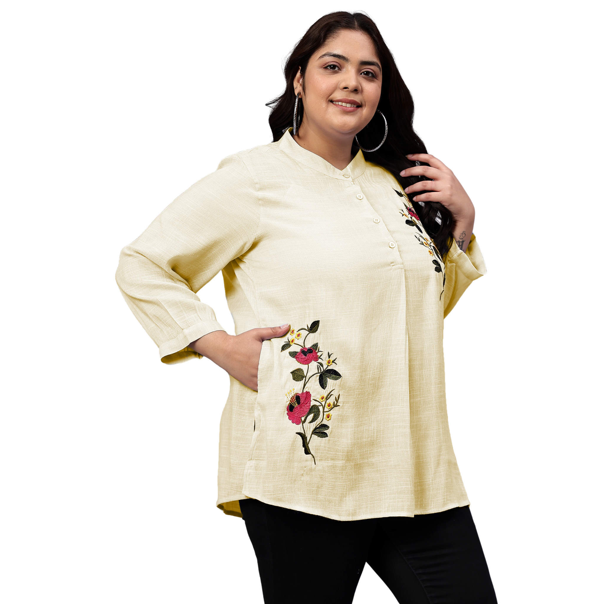 Yellow Floral Embroidered Plus Size Tunic
