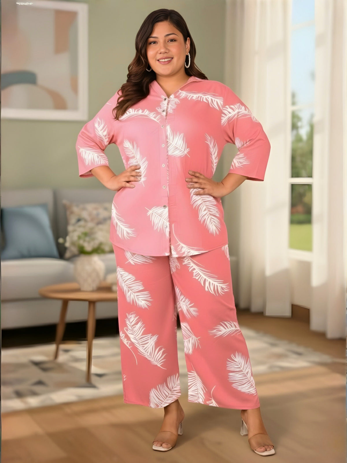 Pink Leaf Print Plus Size Co-Ord Set