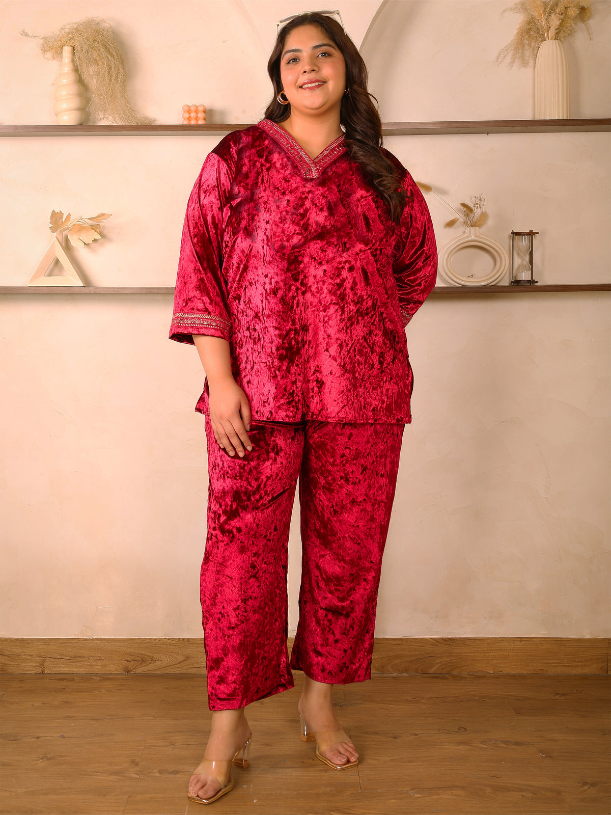 Maroon Velvet Plus Size Co Ord Set
