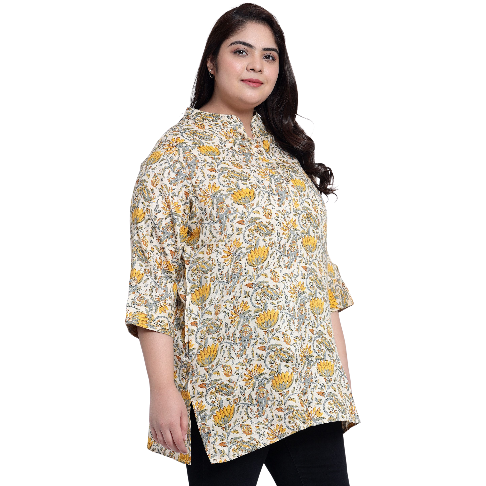 Yellow and Beige Floral Print Plus Size Tunic