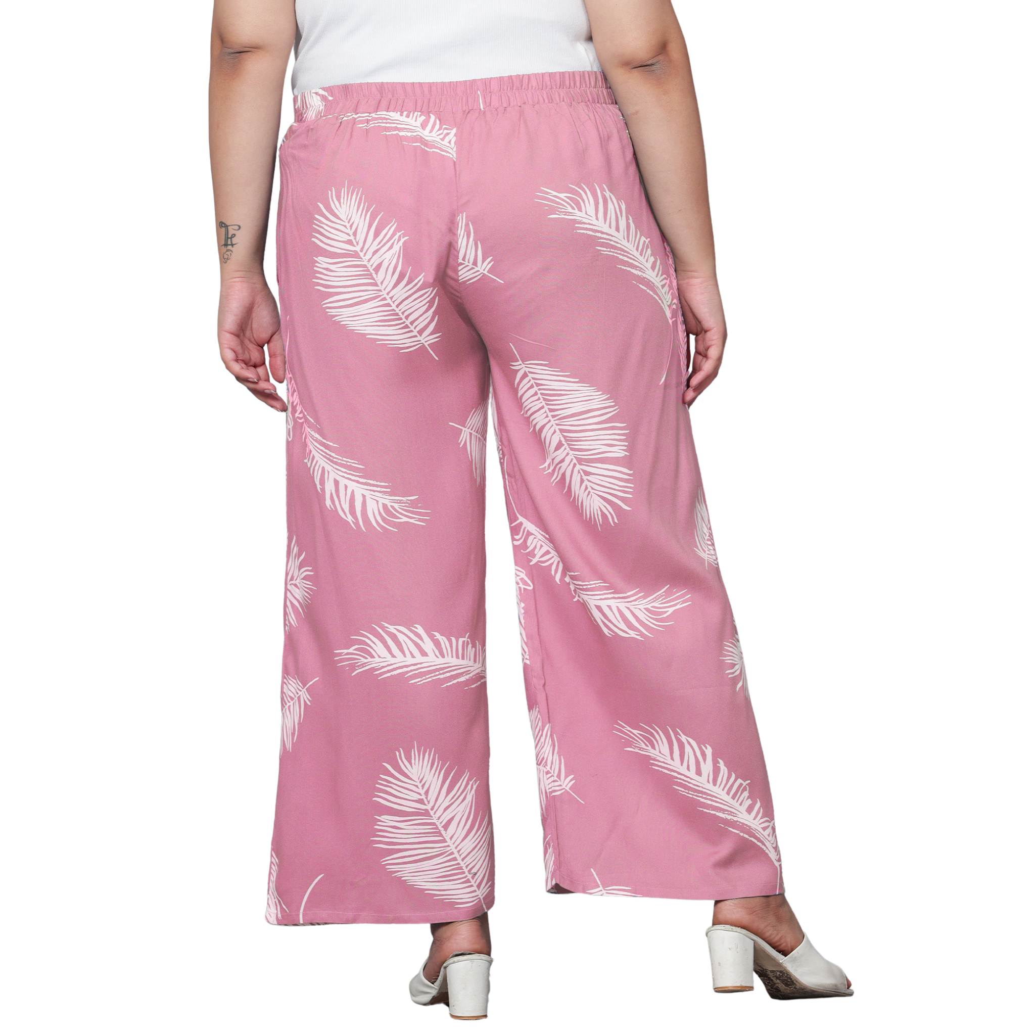 Pink Leaf Print Plus Size Trousers