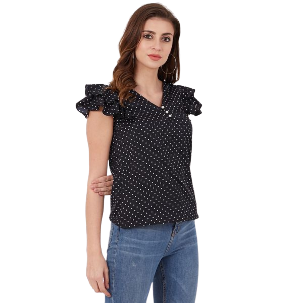 Black Polka Dot Buttoned Ruffle Top