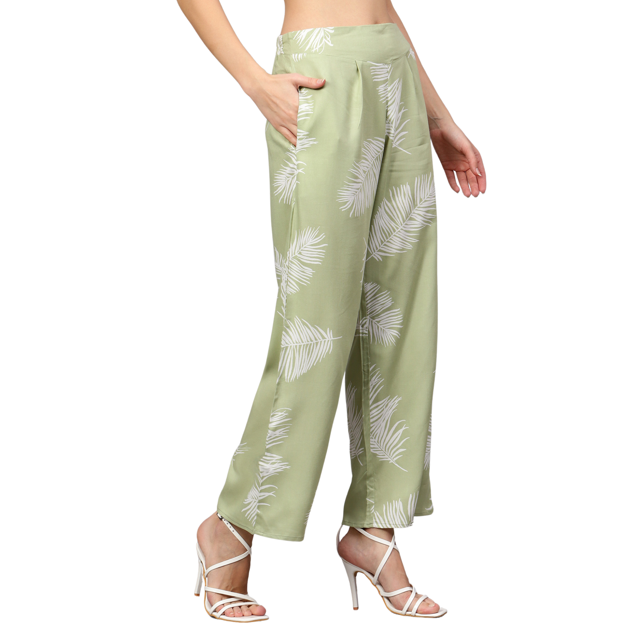 Green Leaf Print Trousers