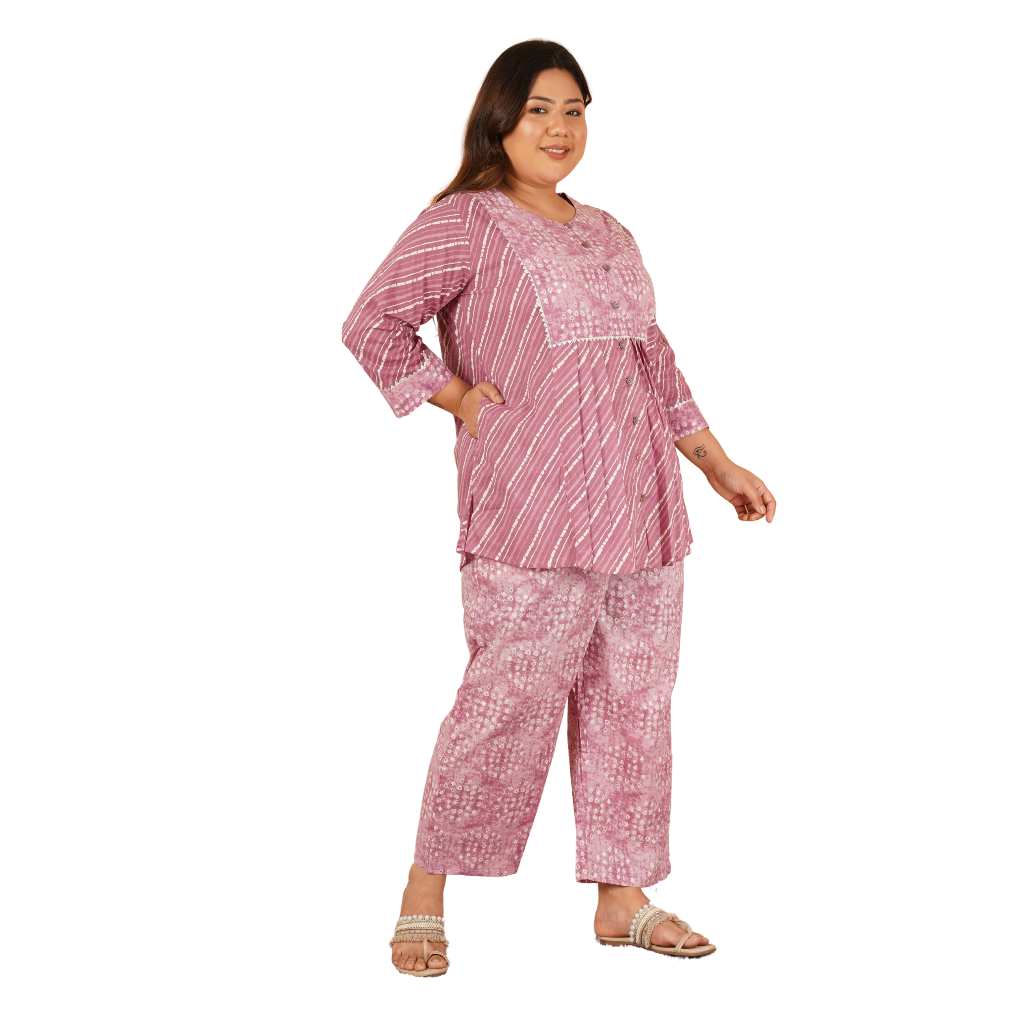 Pink Stripe Print Plus Size Co Ord Set