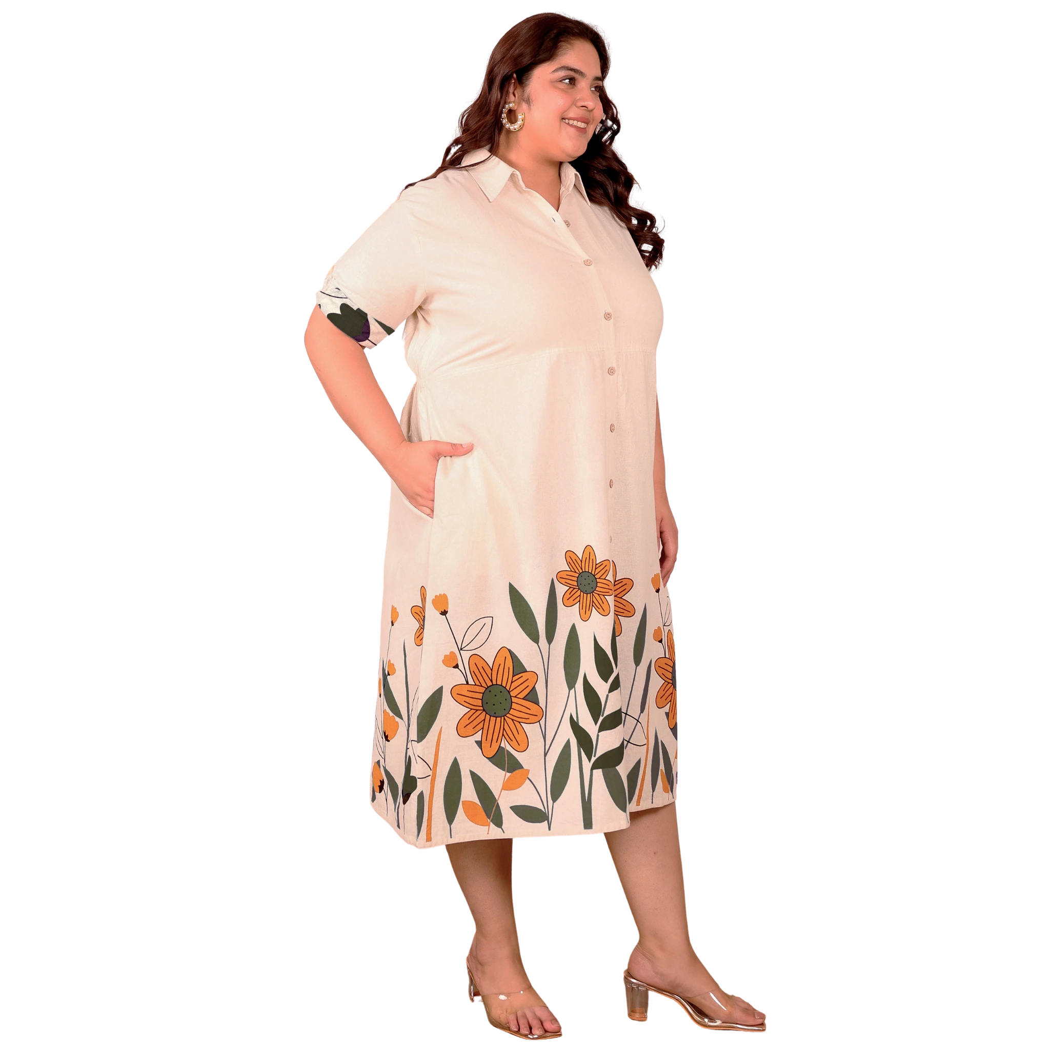 OffWhite Green Floral Cotton Midi Dress