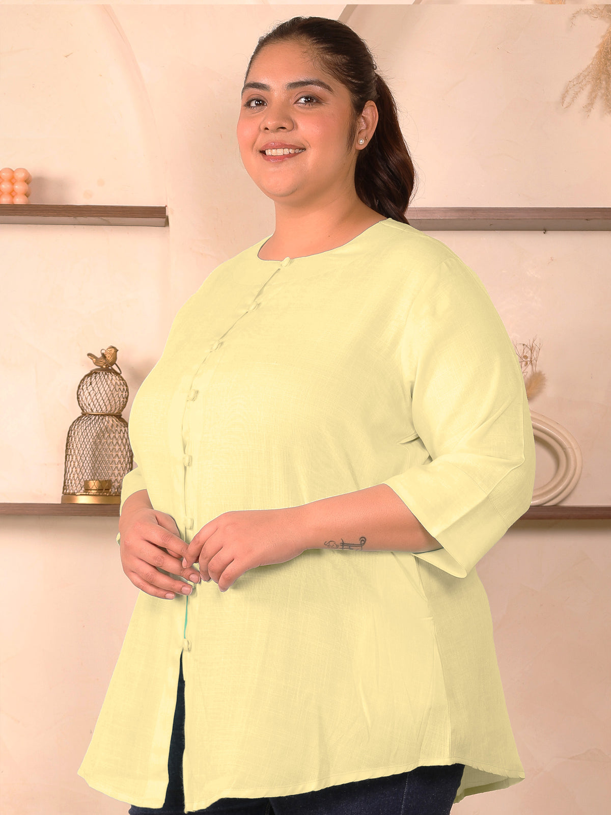 Yellow Cotton Linen Plus Size Tunic