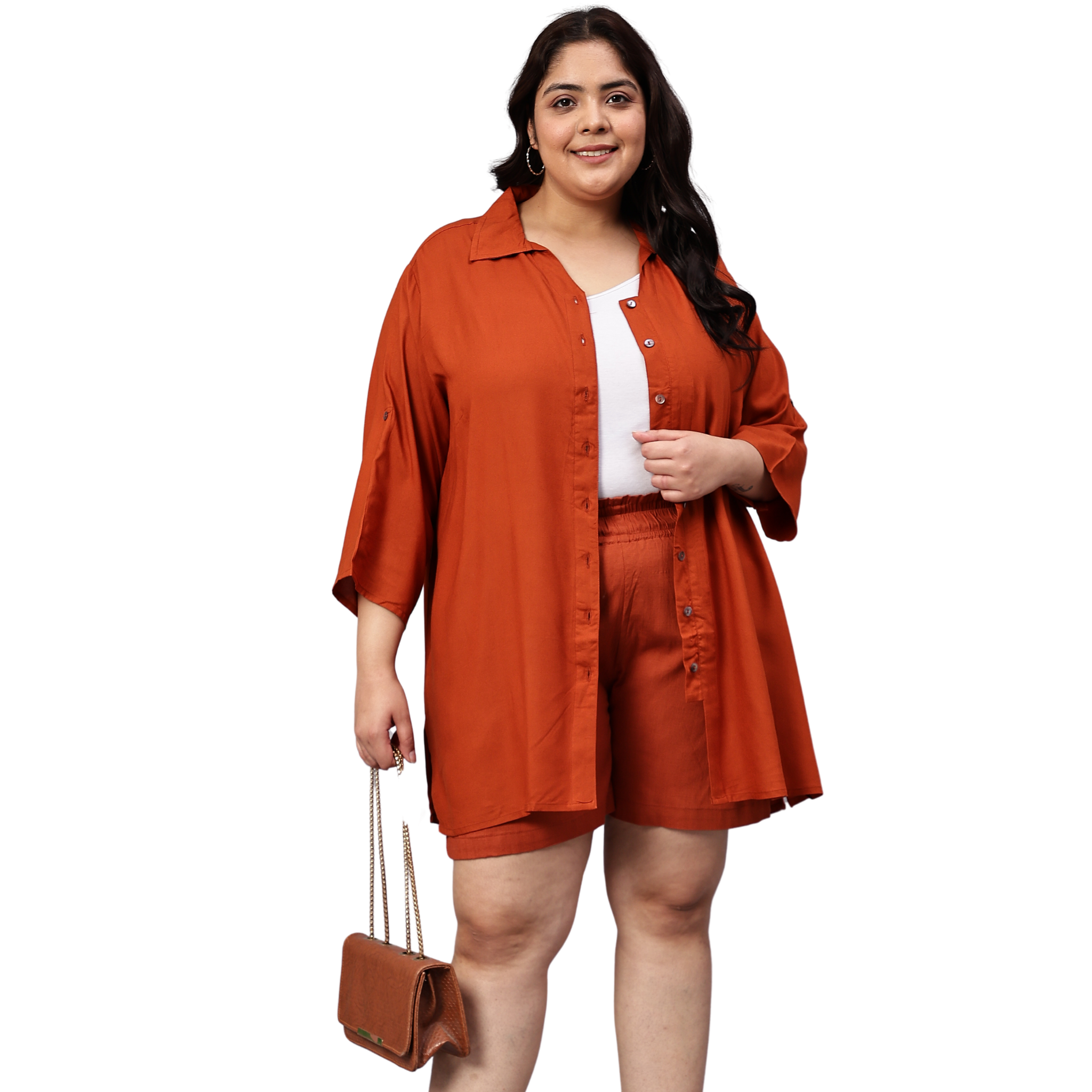 Rust Orange Solid Shirt And Short Set