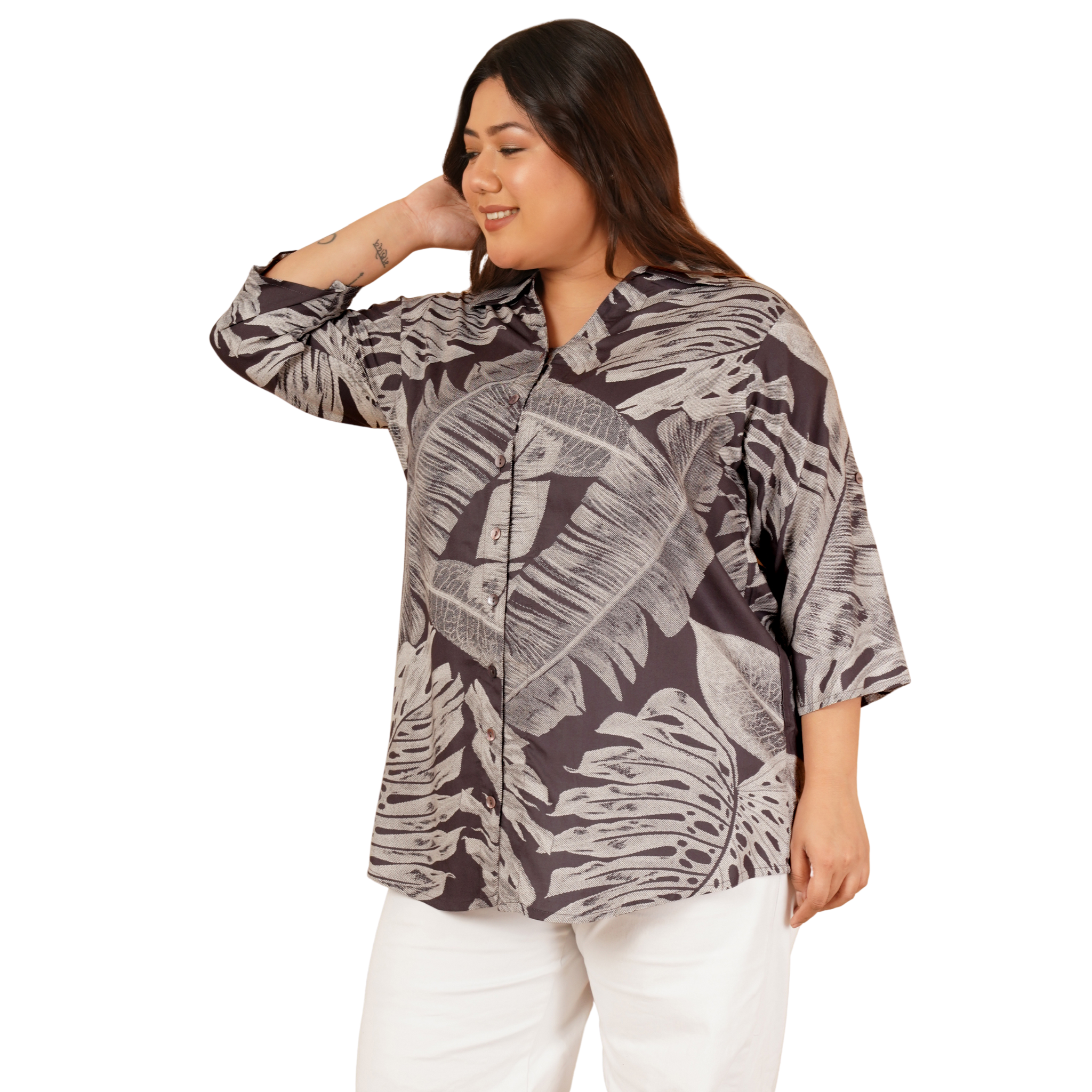 Brown Leaf Print Plus Size Shirt