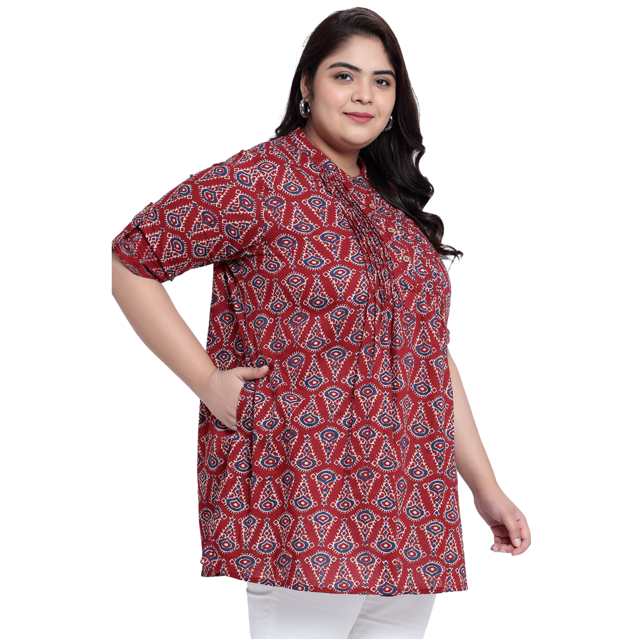 Red Geometric Print Pleat Plus Size Tunic