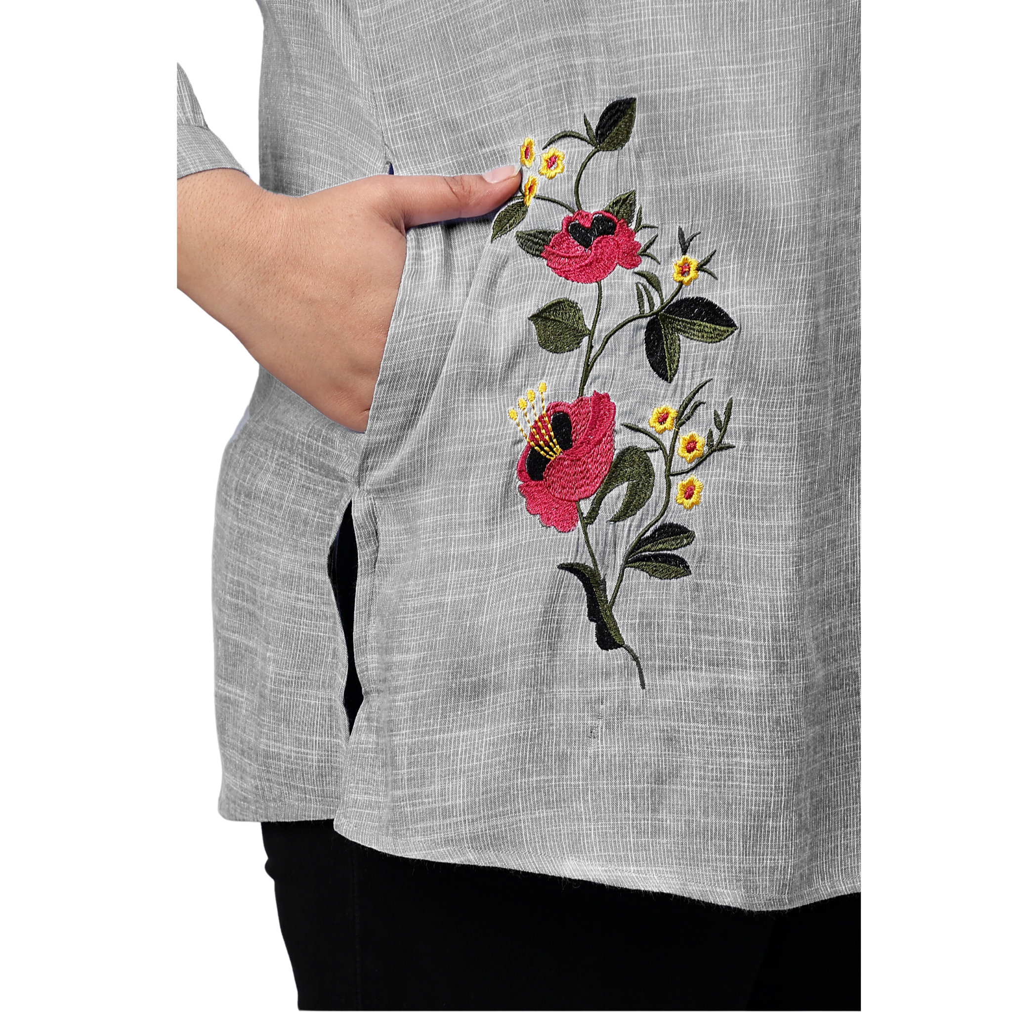 Grey Floral Embroidered Plus Size Tunic