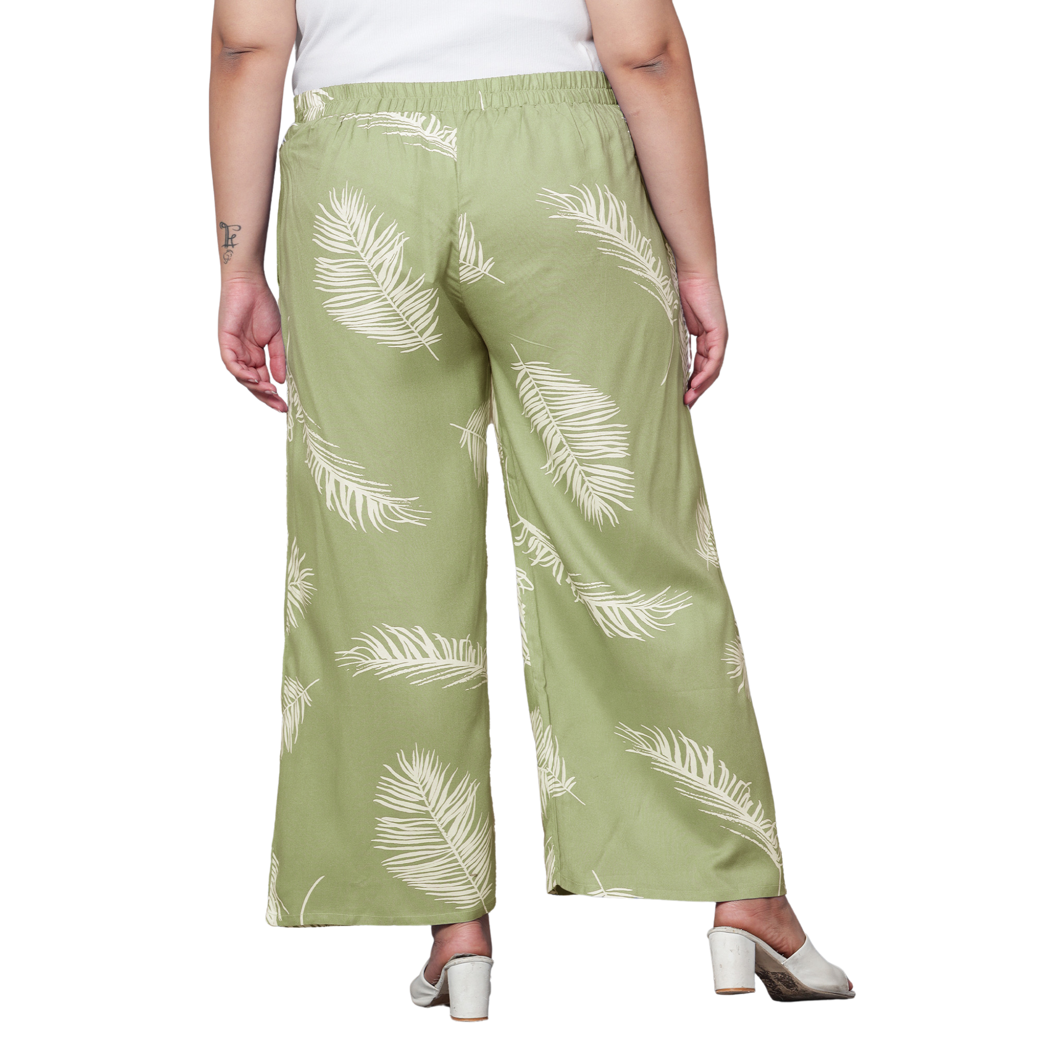 Green Leaf Print Plus Size Trousers