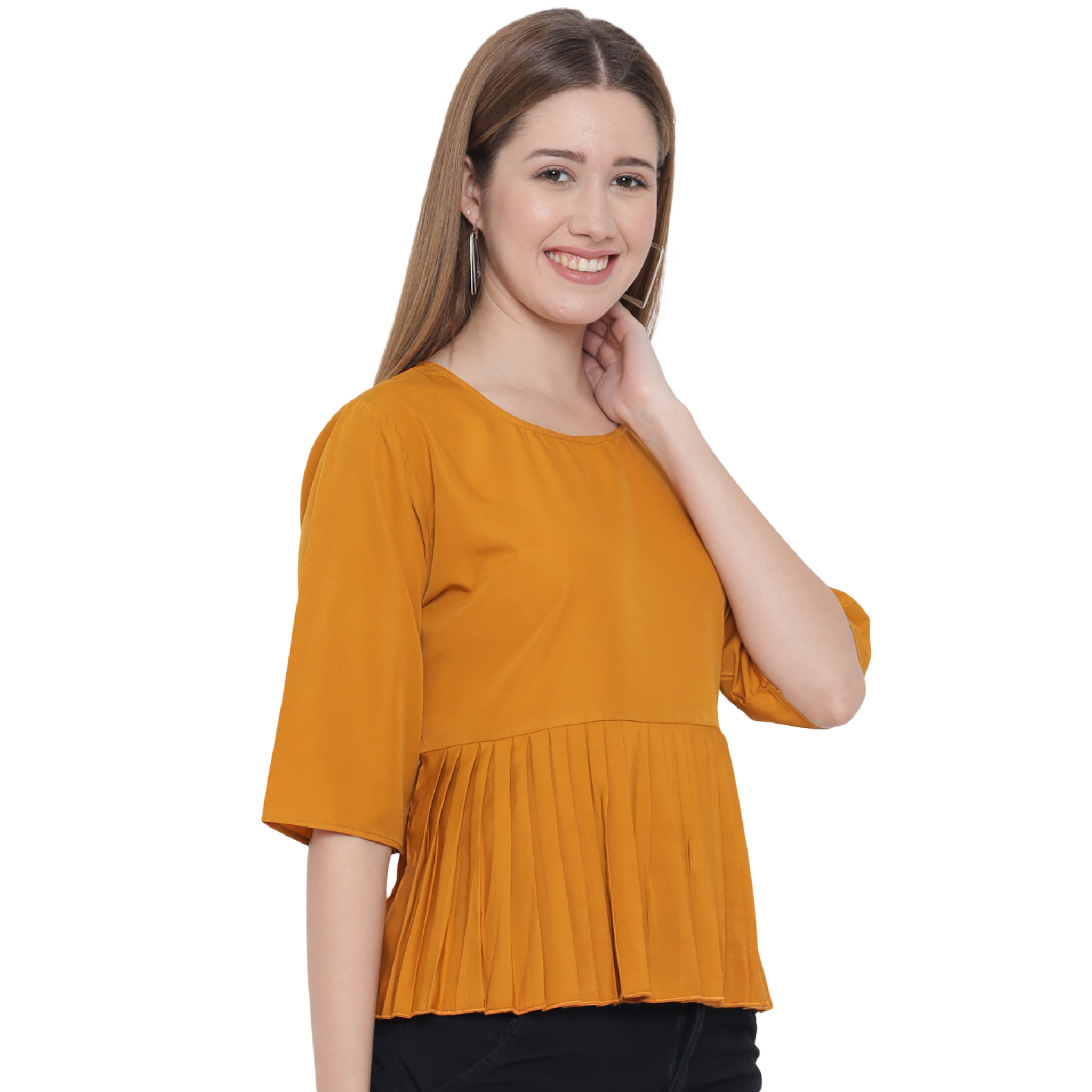 Mustard Solid Waist Pleated Top