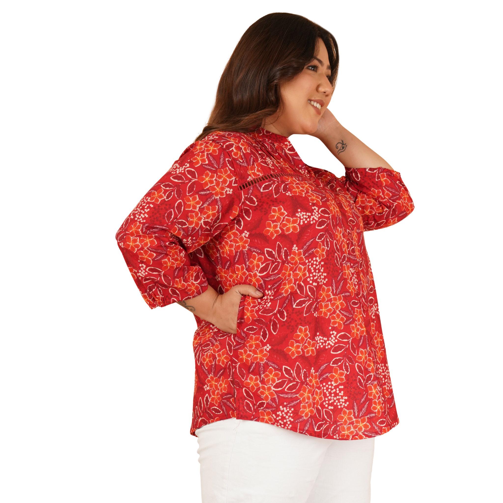 Red Floral Print Plus Size Lace Shirt
