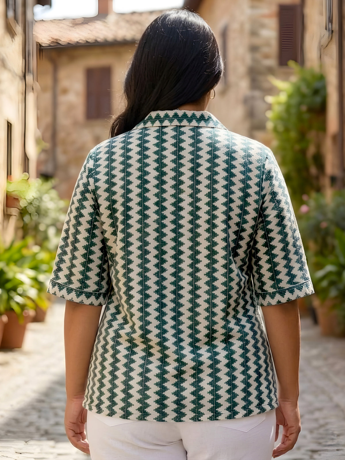 Green and White Zigzag Crochet Shirt