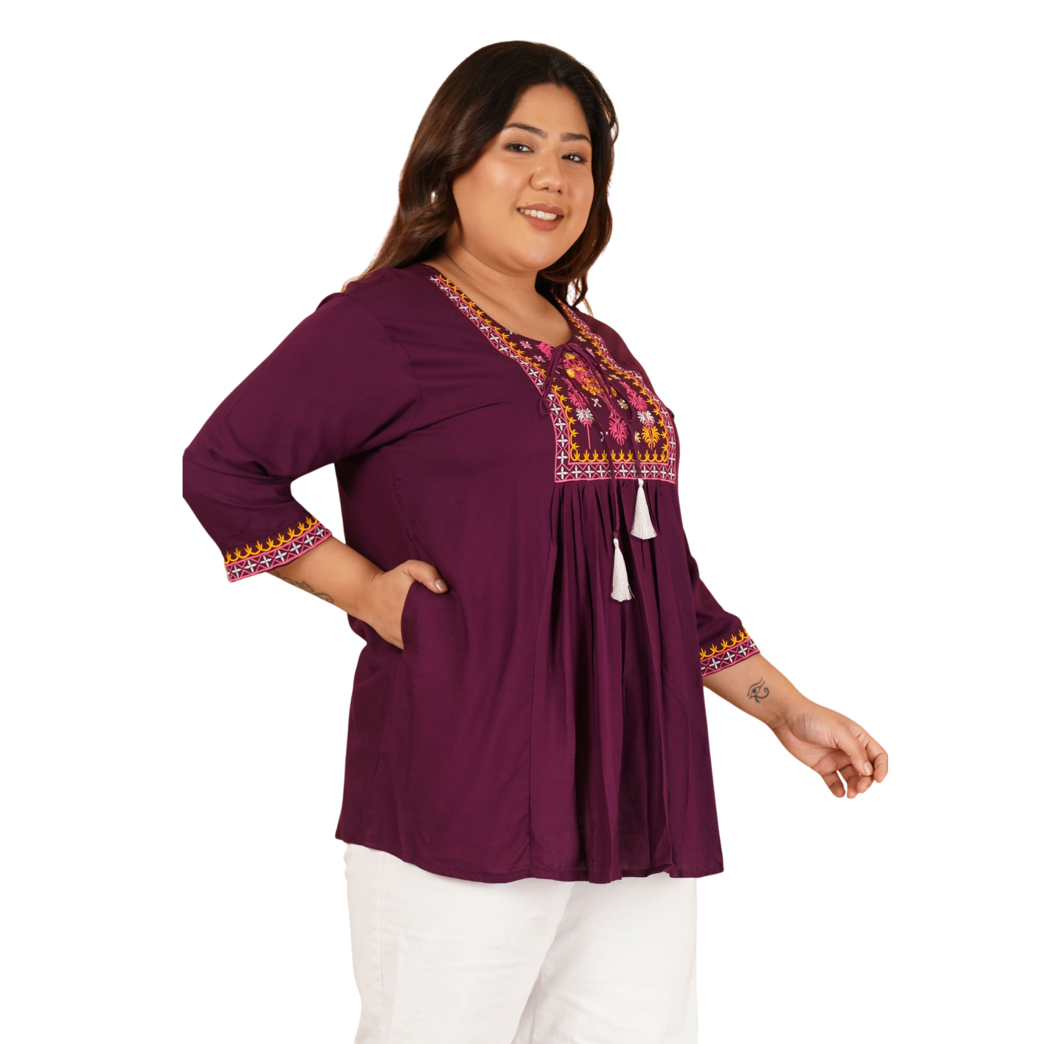 Burgundy Embroidered Plus Size Tunic