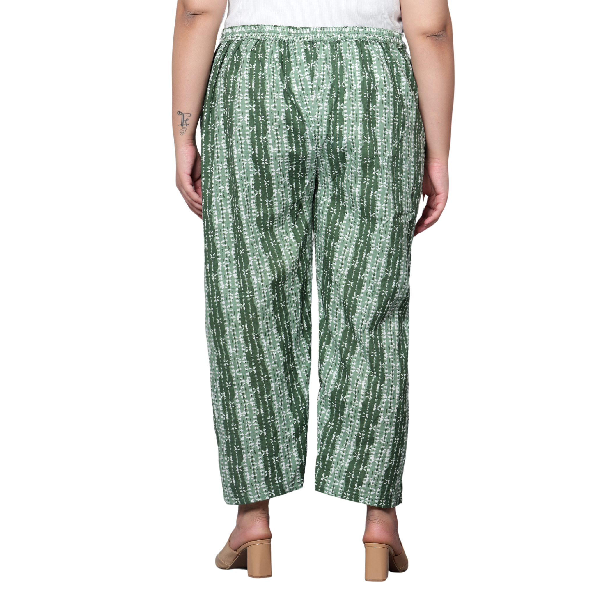 Green Hand Block Print Plus Size Trousers