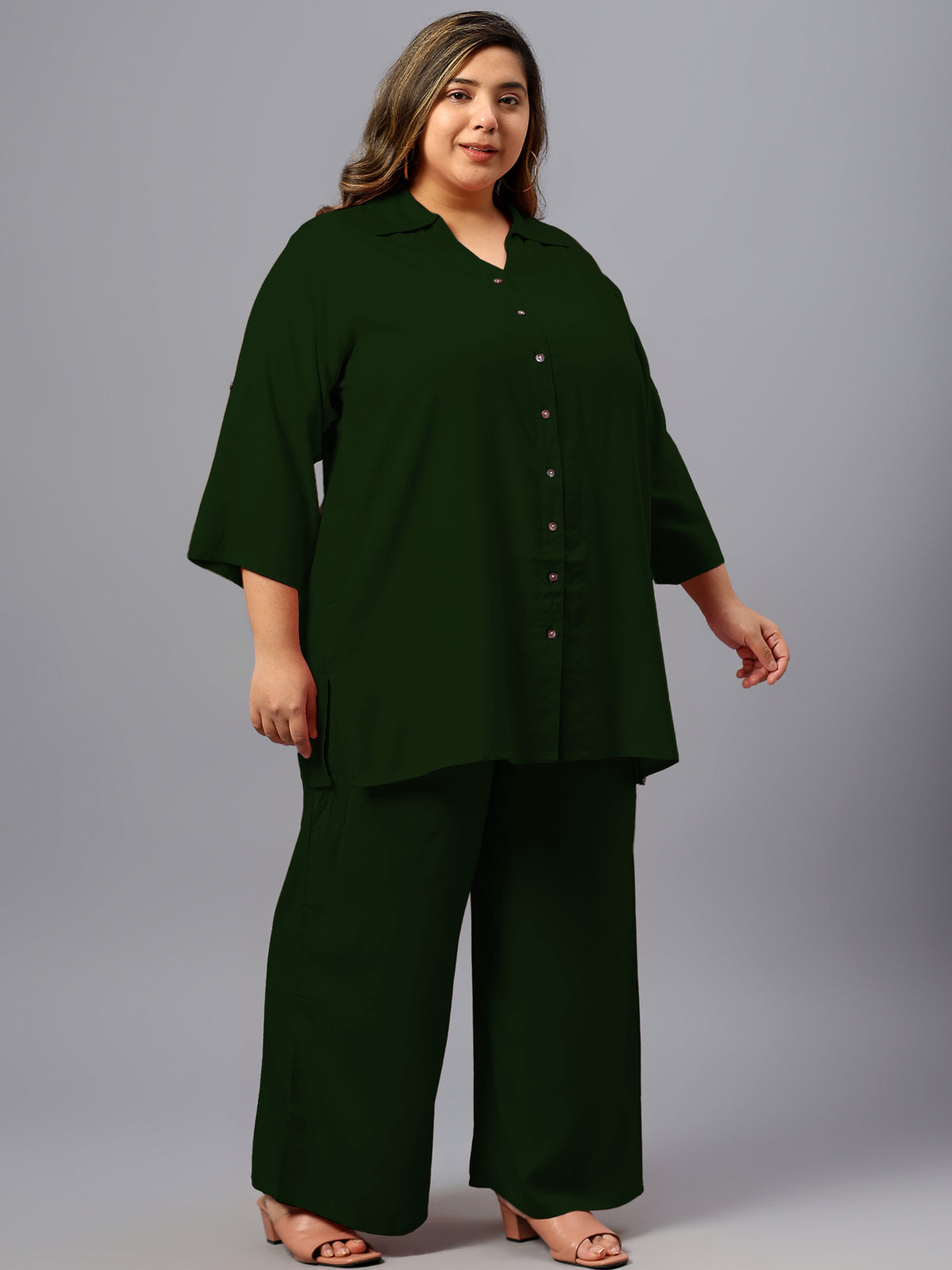 Dark Green Solid Plus Size Co-Ord Set
