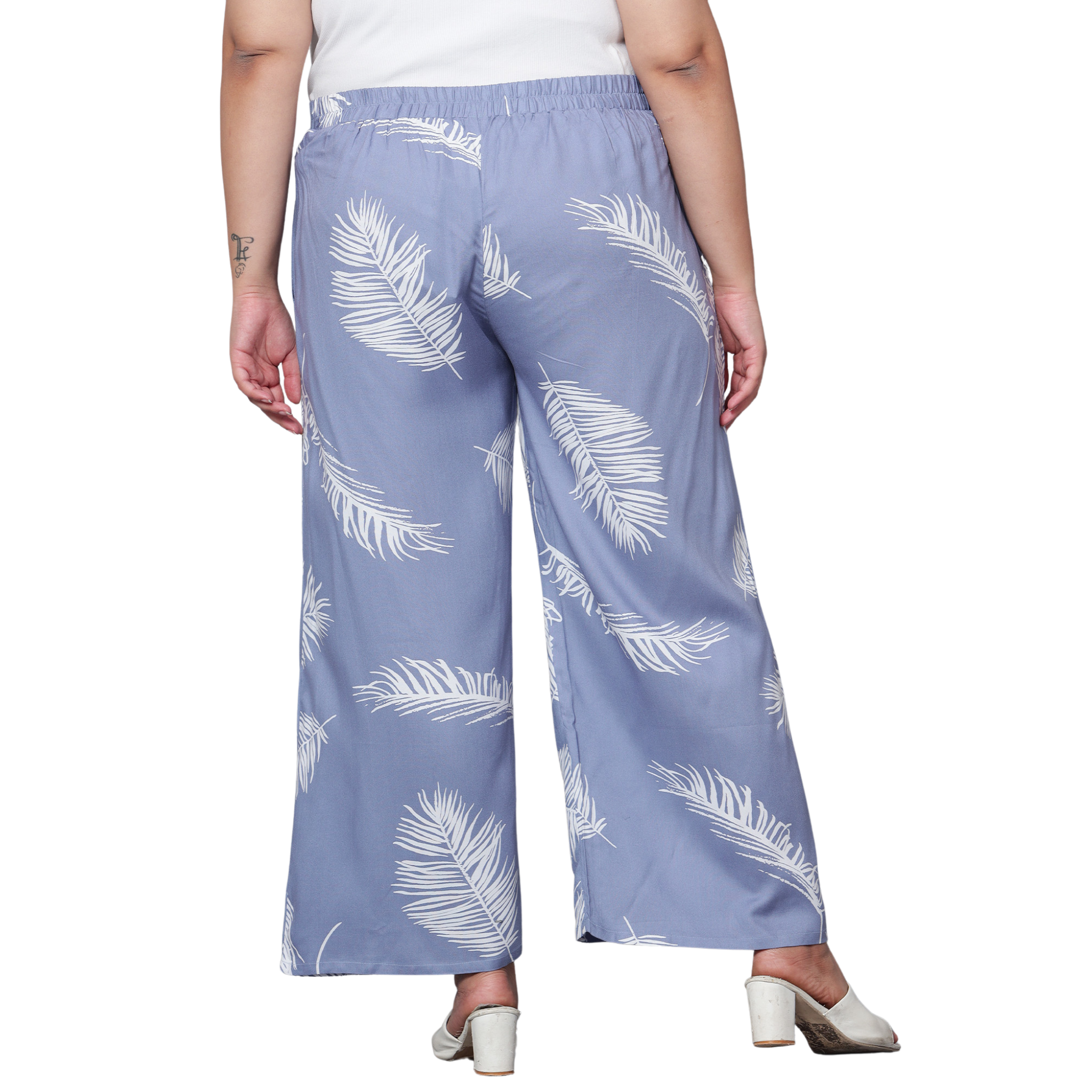 Blue Leaf Print Plus Size Trousers