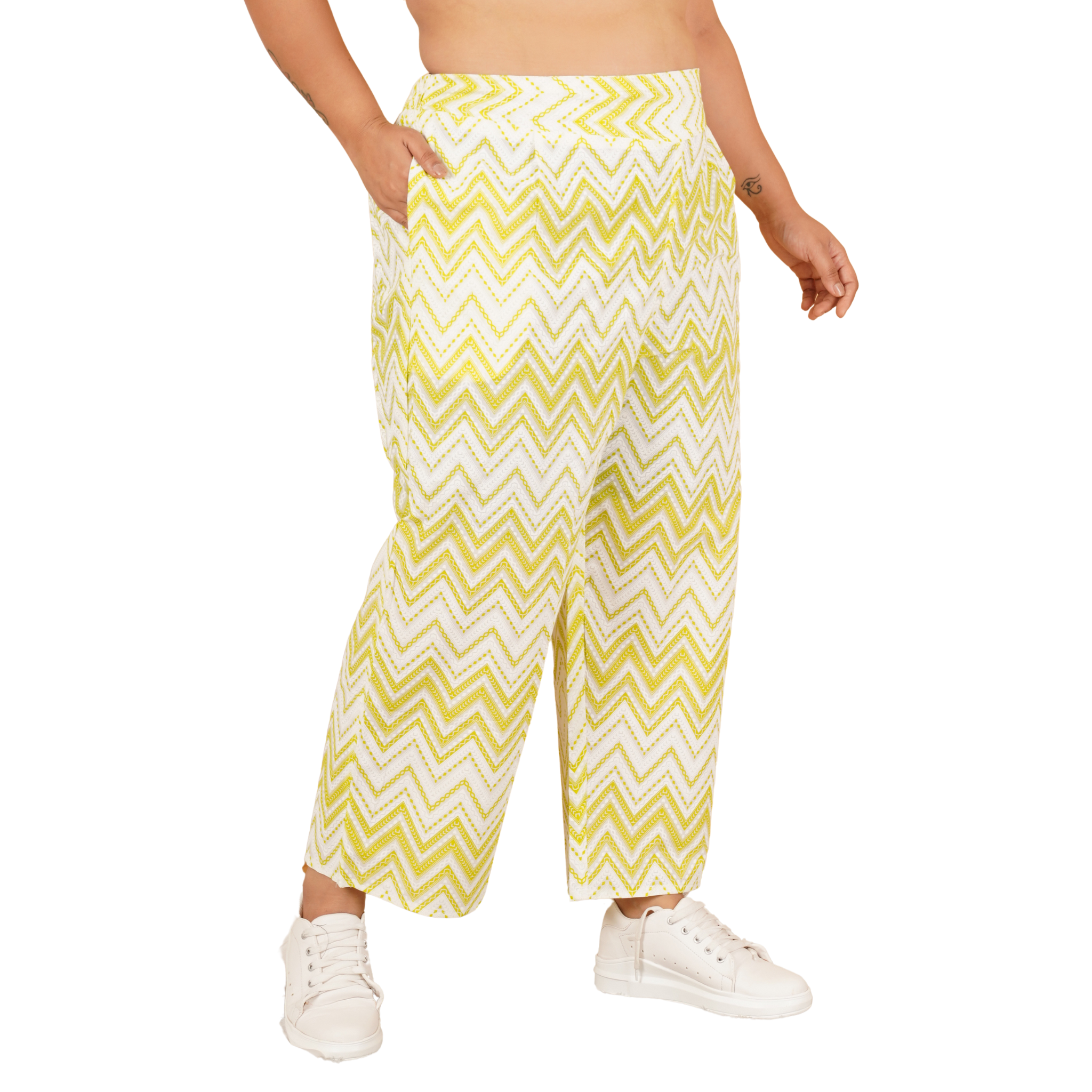Yellow Stripe Print Plus Size Trouser