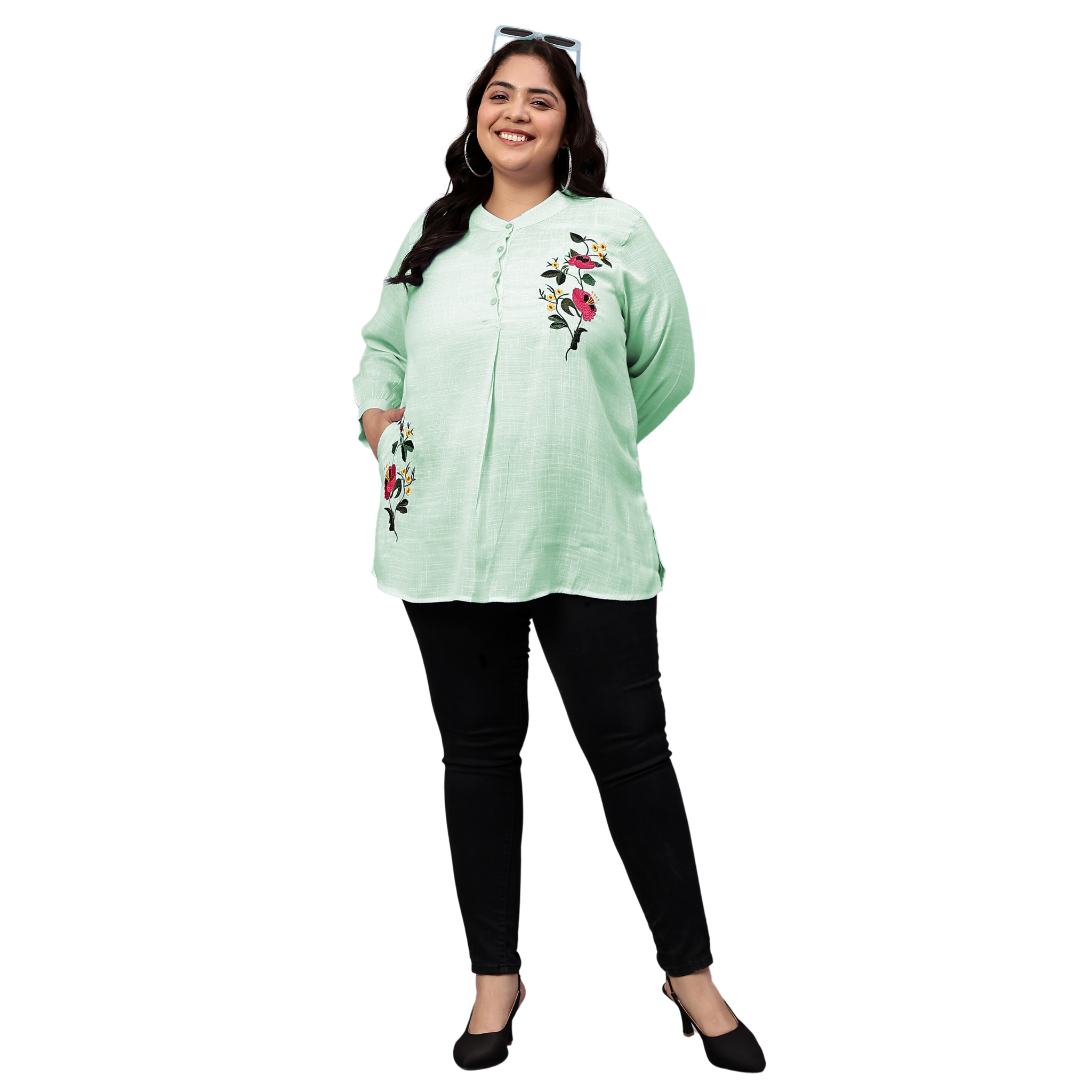 Green Floral Embroidered Plus Size Tunic