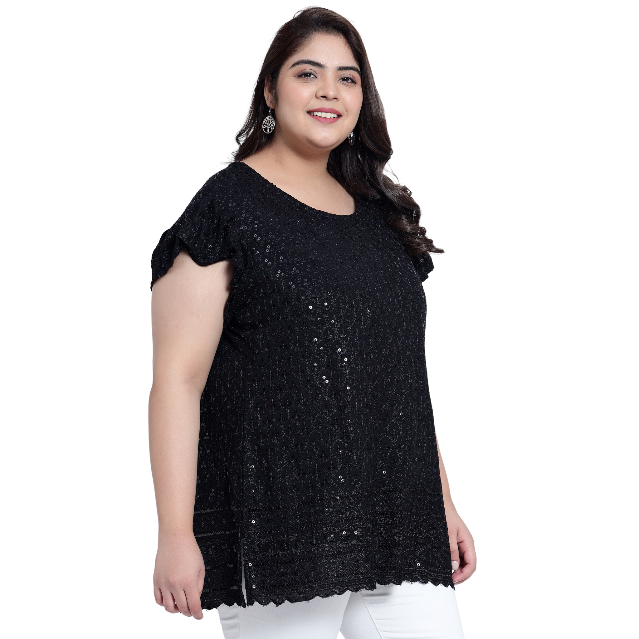 Black Embroidered Sequin Plus Size Tunic