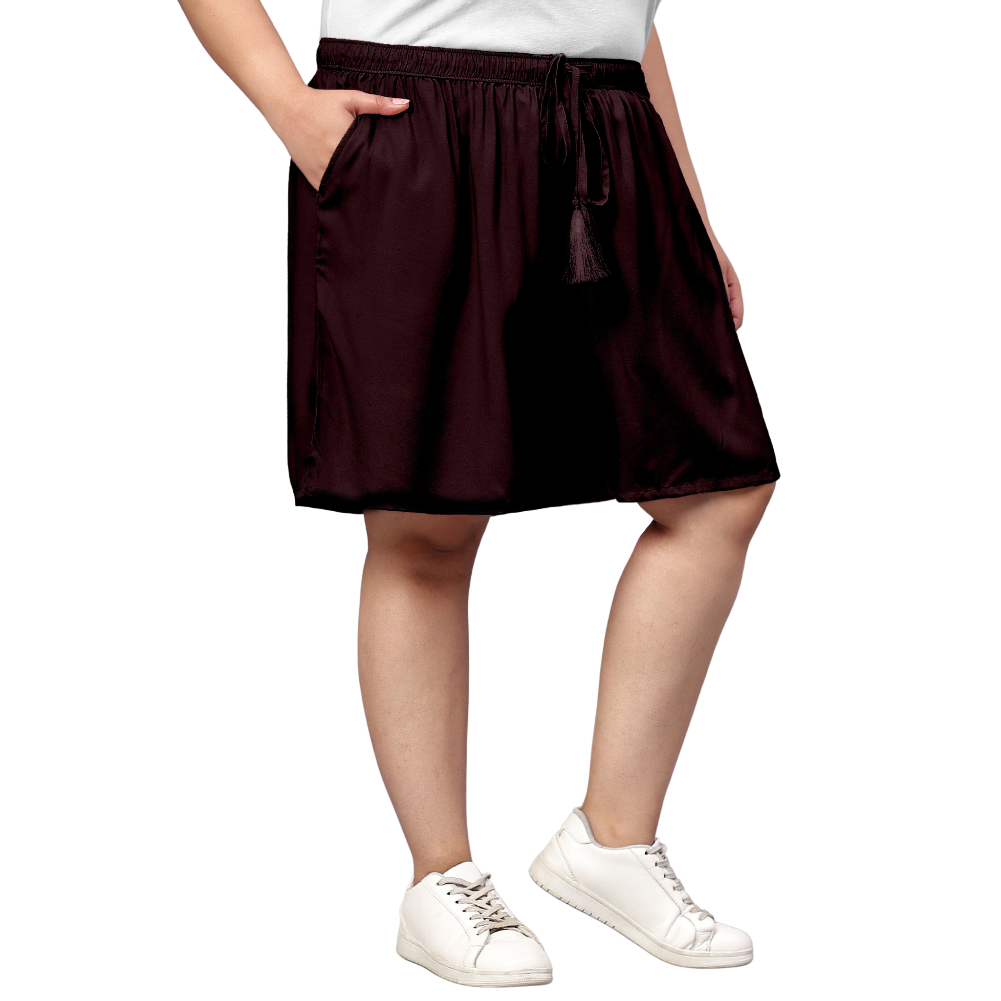 Brown Solid Plus Size Flared Shorts