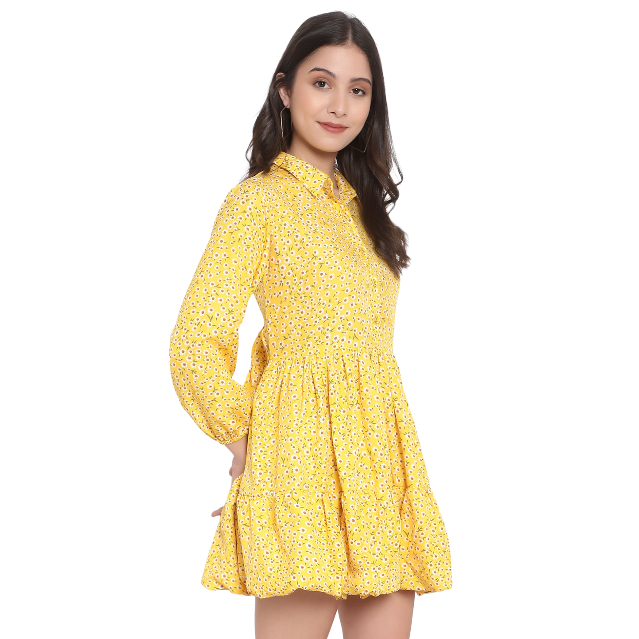 Yellow Floral Print Tiered Dress