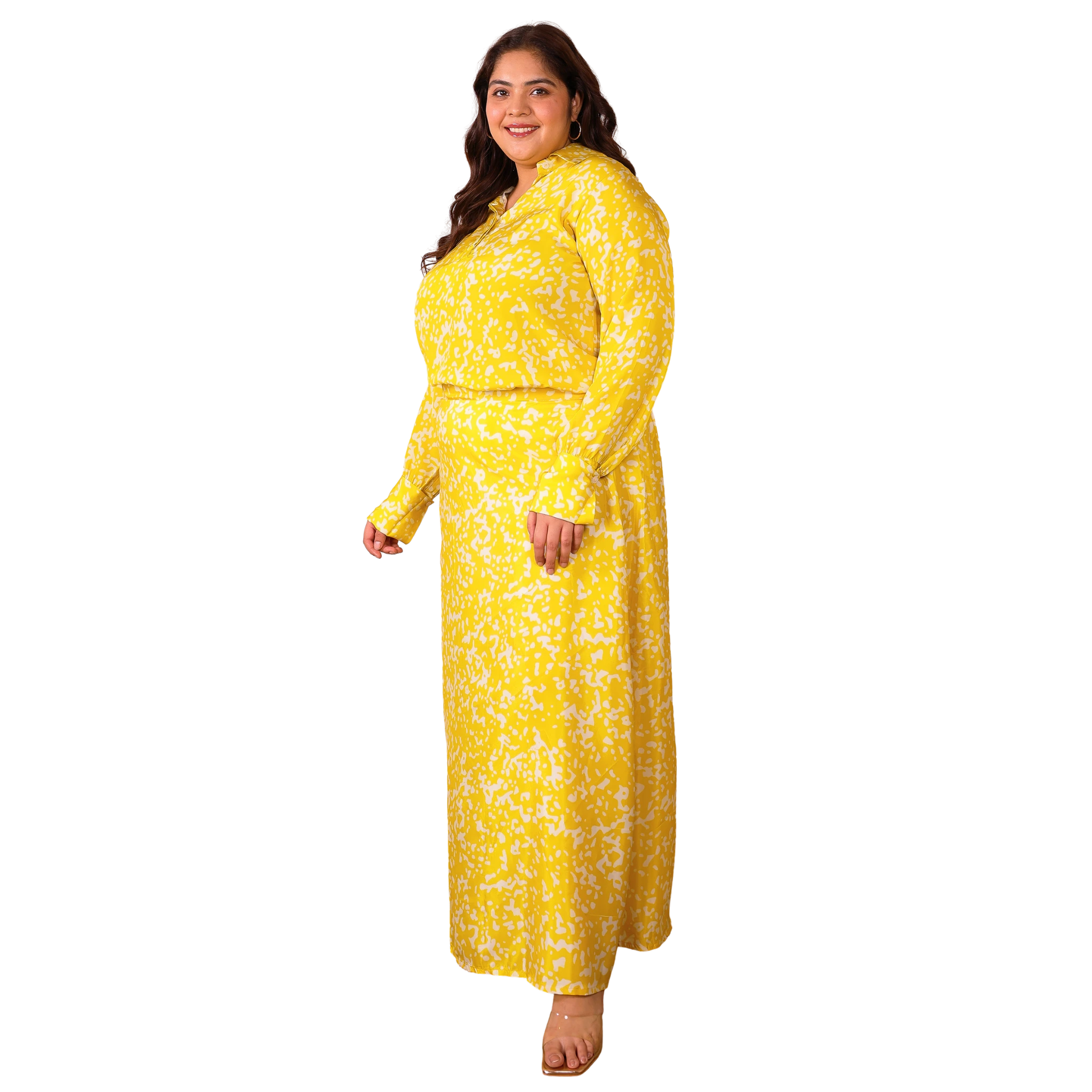 Yellow Satin Print Plus Size Co Ord Set