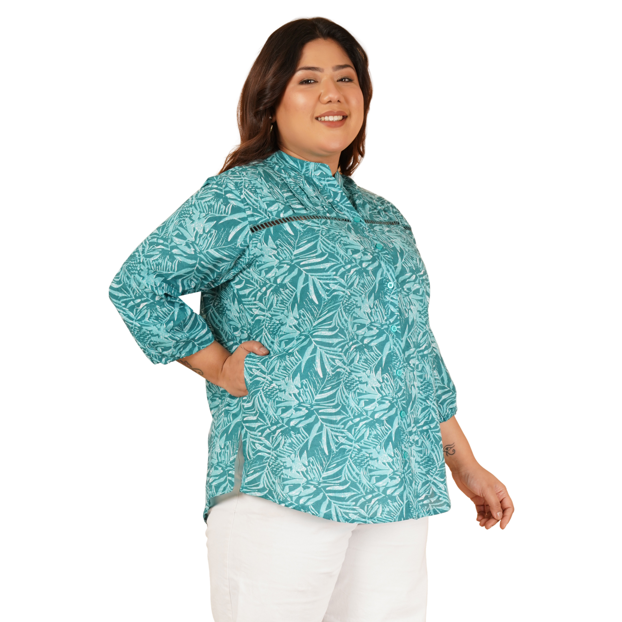 Green Leaf Print Plus Size Lace Shirt