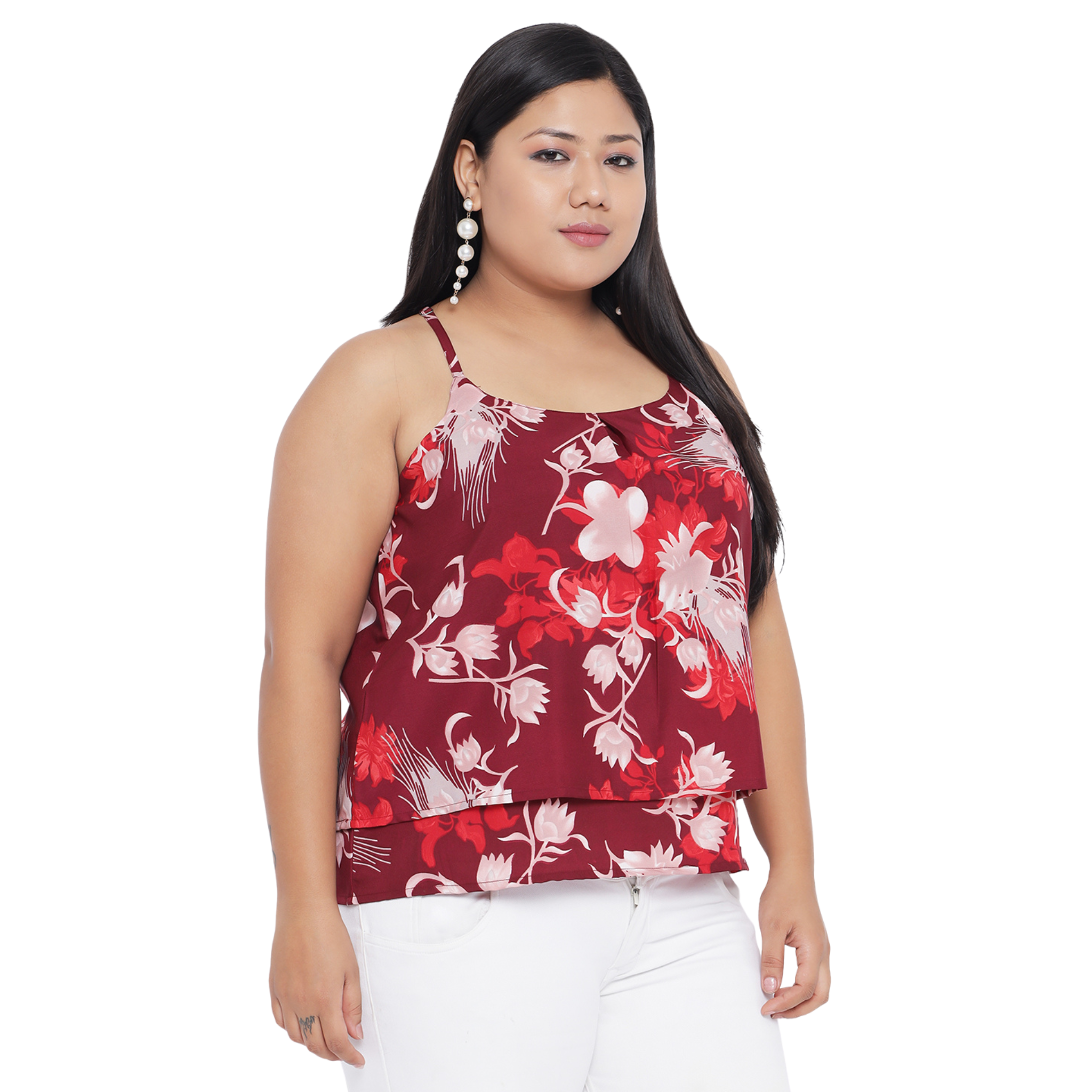 Red Floral Strap Plus Size Top