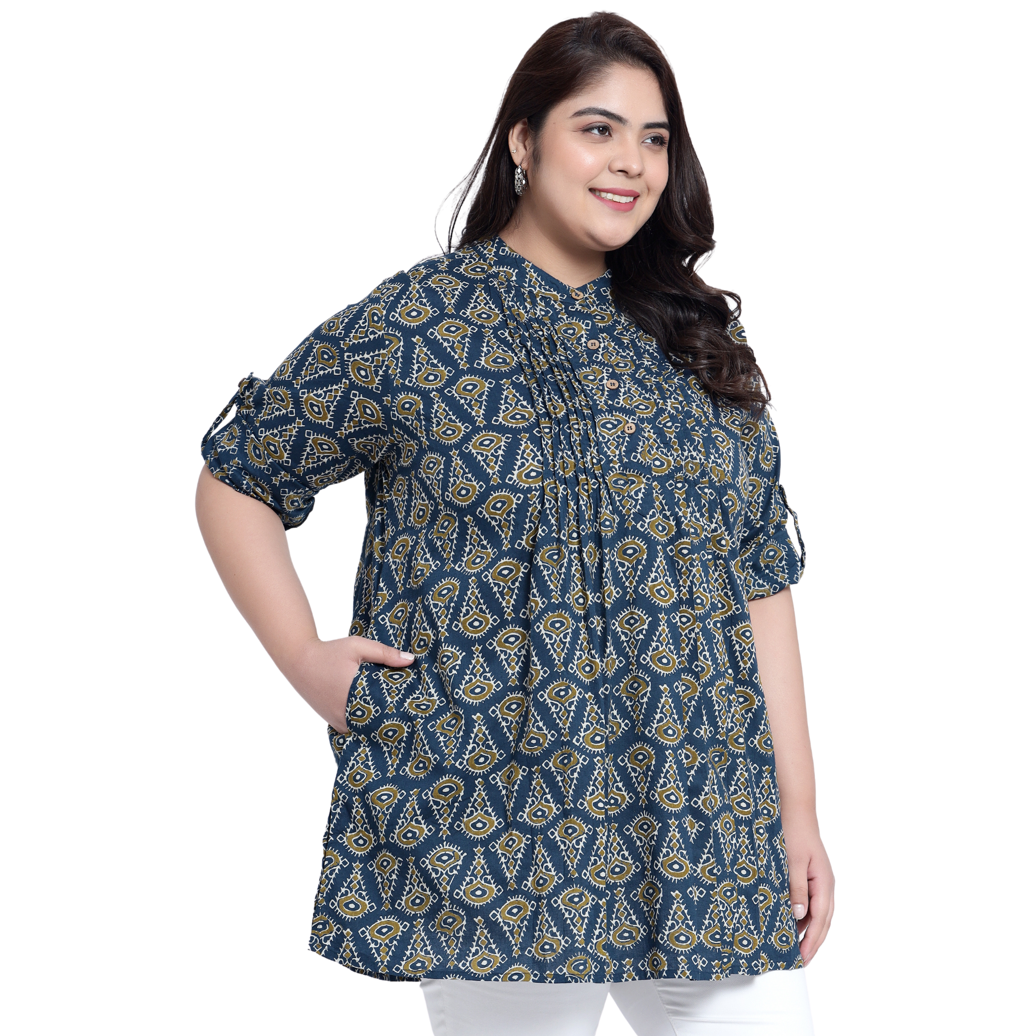 Blue Geometric Print Pleat Plus Size Tunic