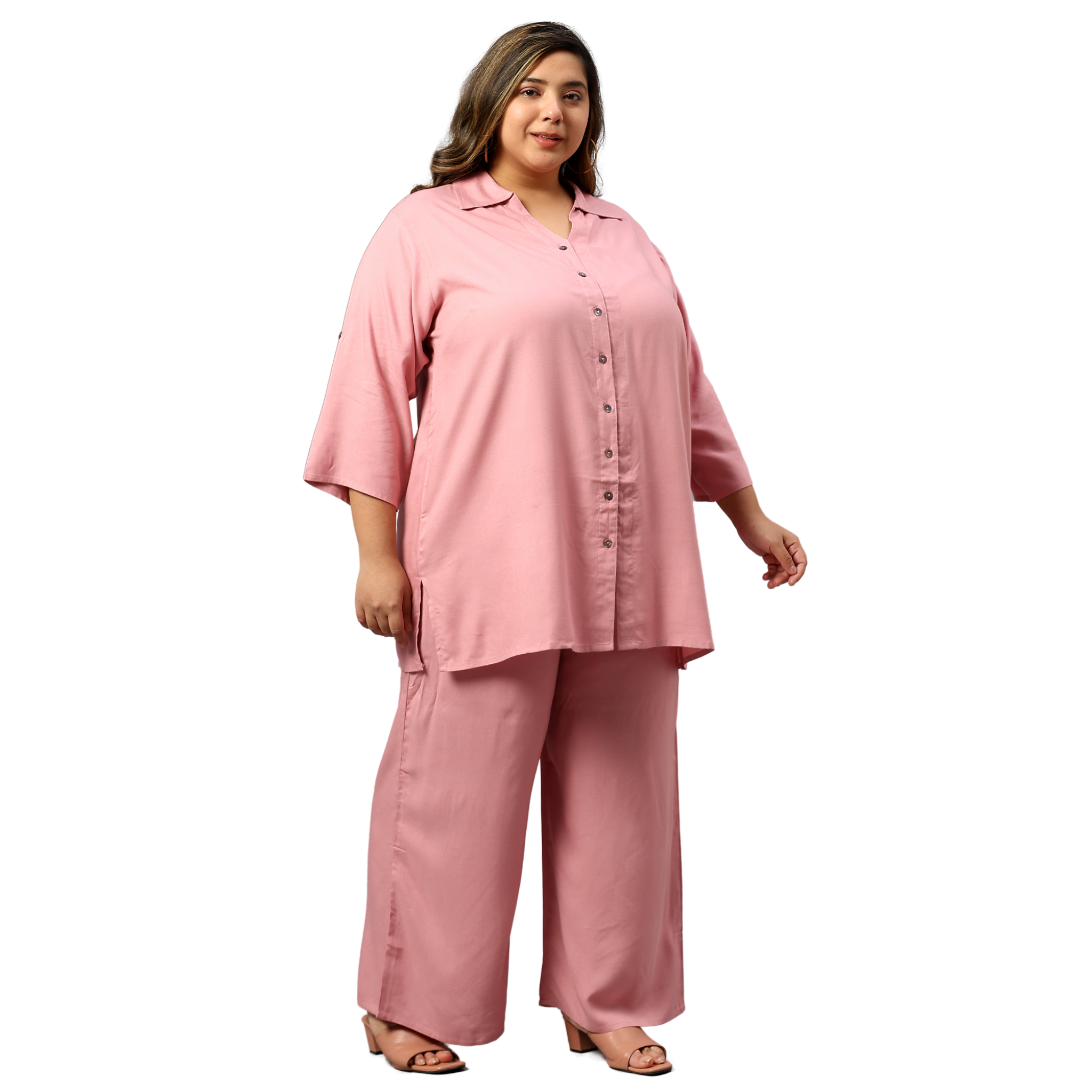 Pink Solid Plus Size Co-Ord Set