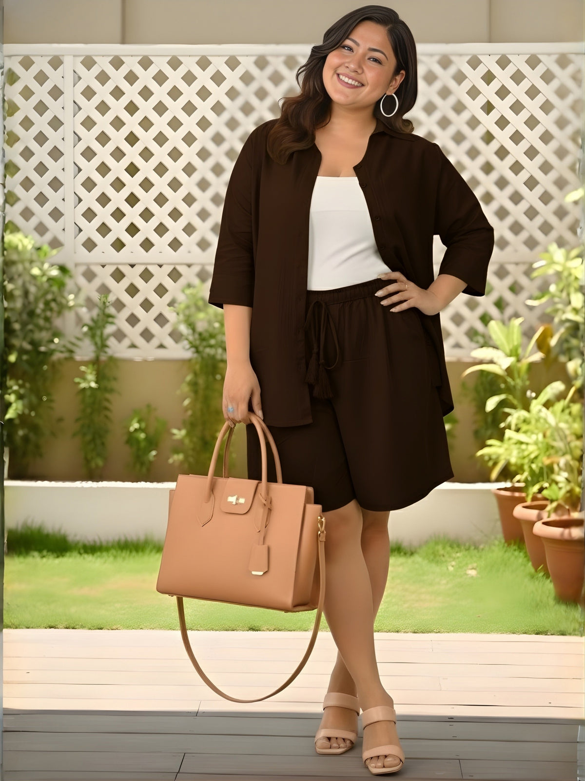 Brown Solid Shirt And Short Set