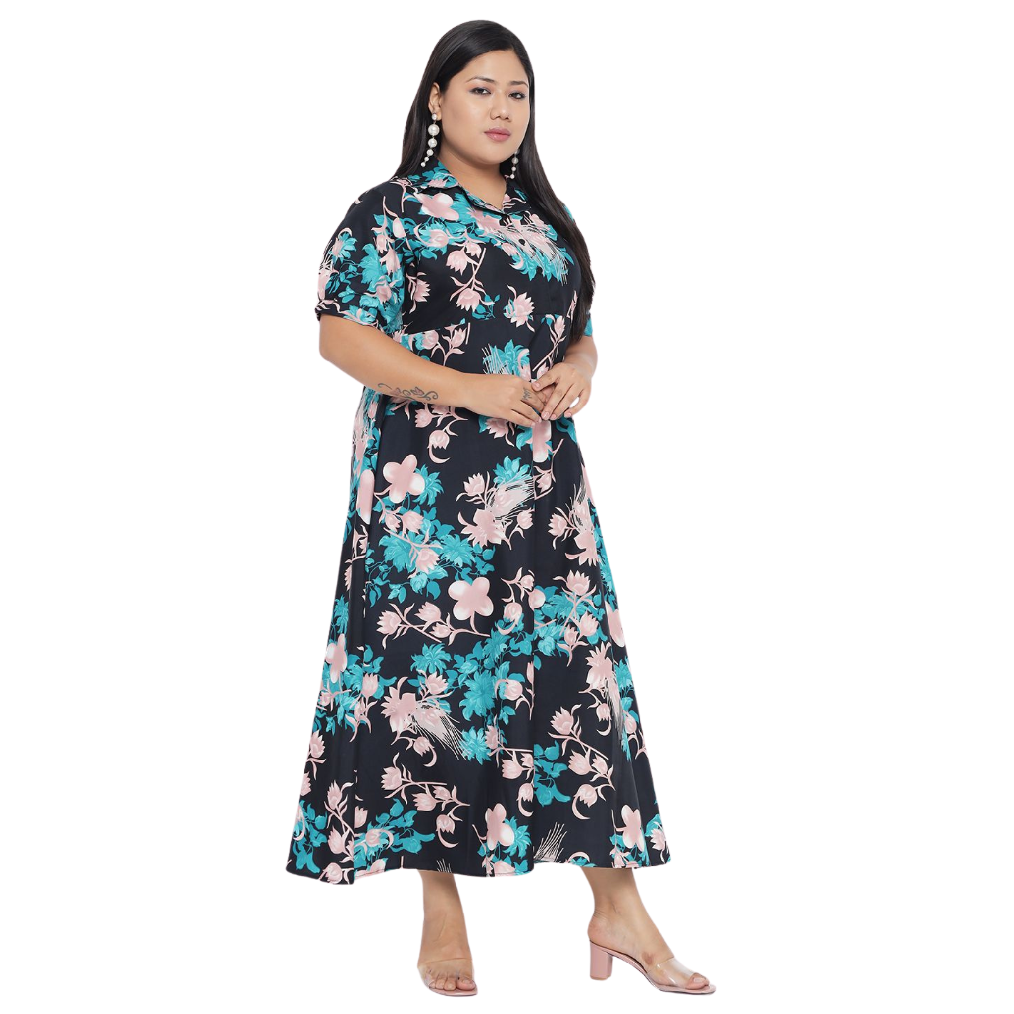 Black and Green Floral Plus Size Dress