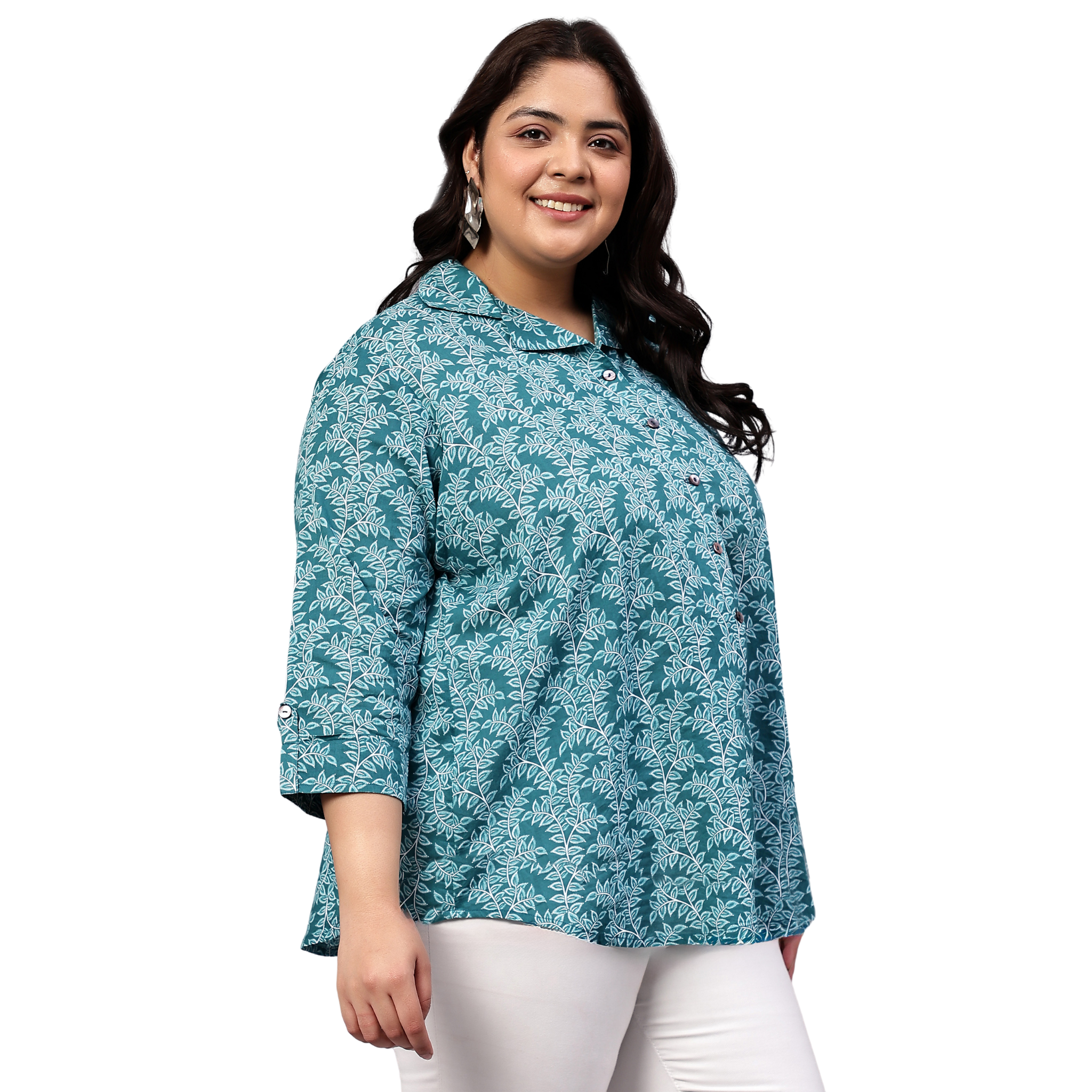 Turquoise Leaf Print Plus Size Shirt