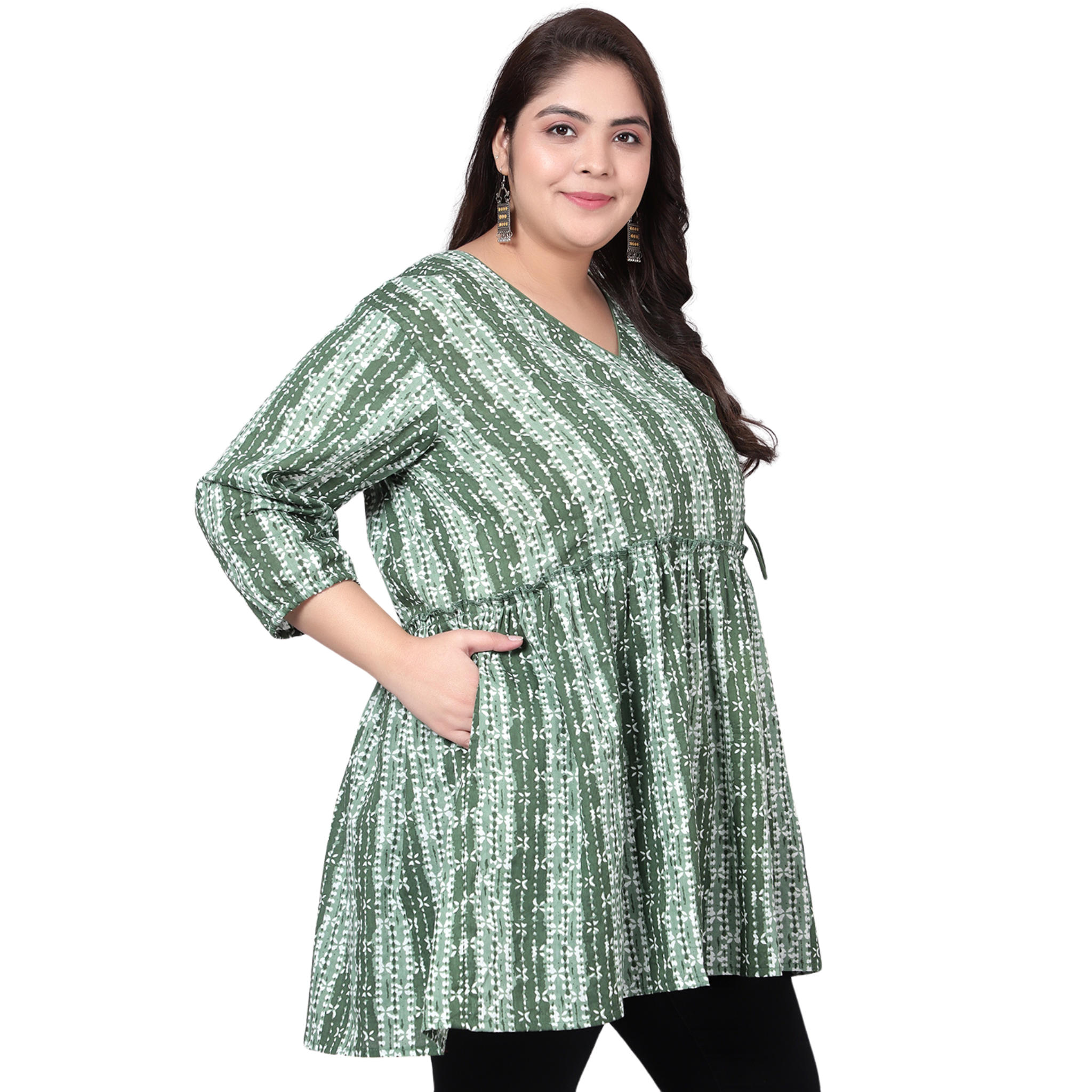 Green Hand Block Print Plus Size Tunic
