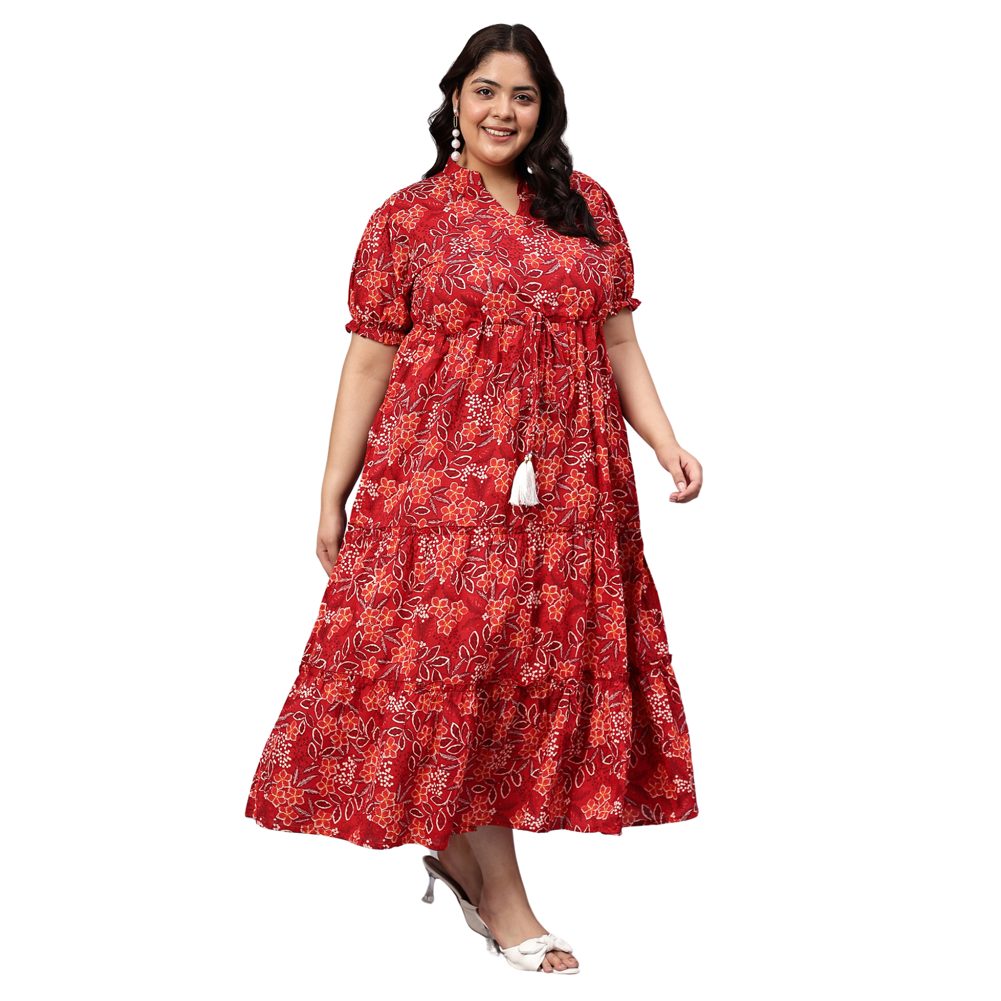 Red Floral Tiered Plus Size Dress