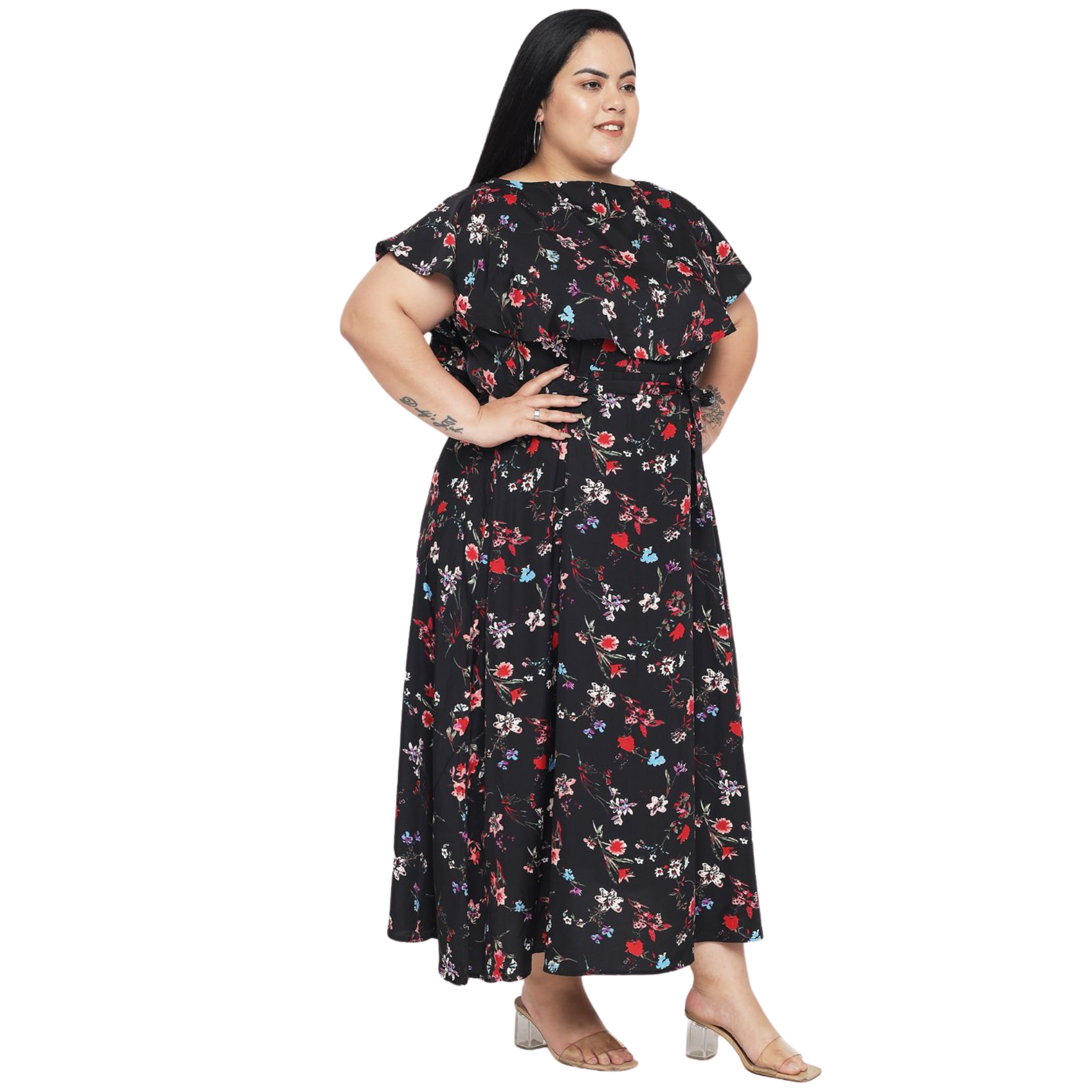 Black Floral Print Plus Size Dress