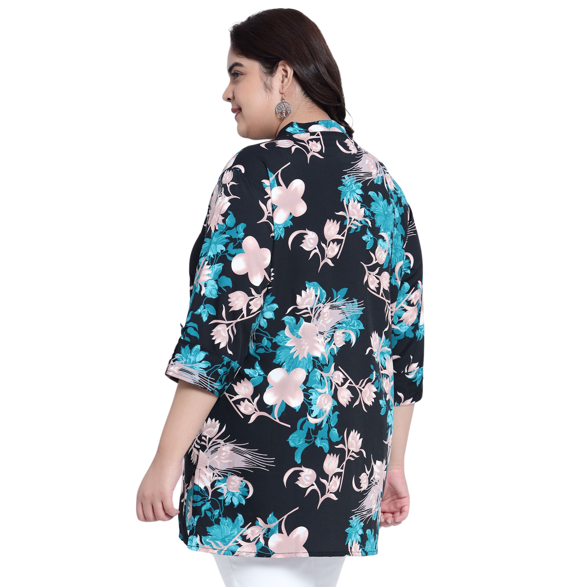 Green and Pink Floral Print Plus Size Tunic