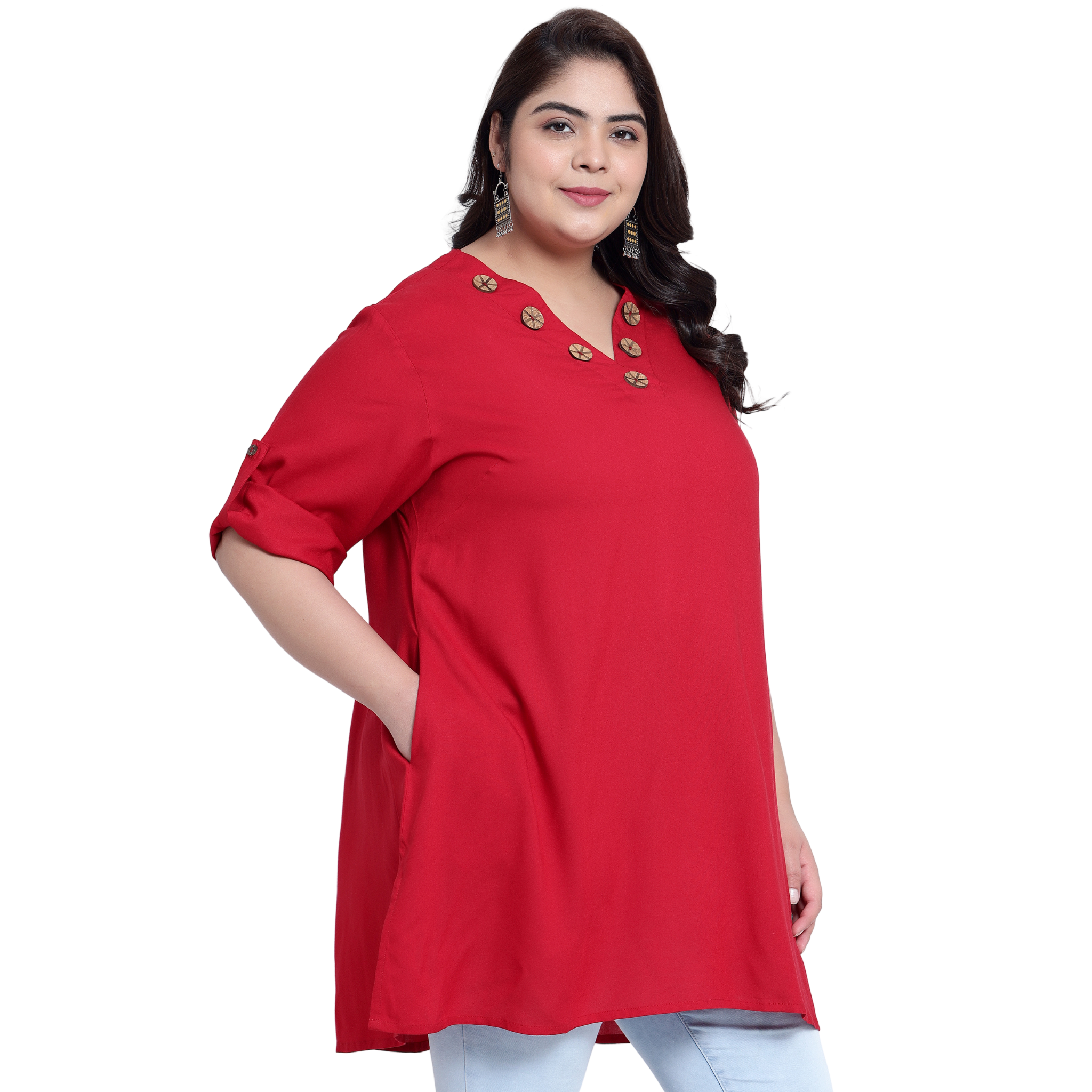 Maroon Collar Button Plus Size Tunic