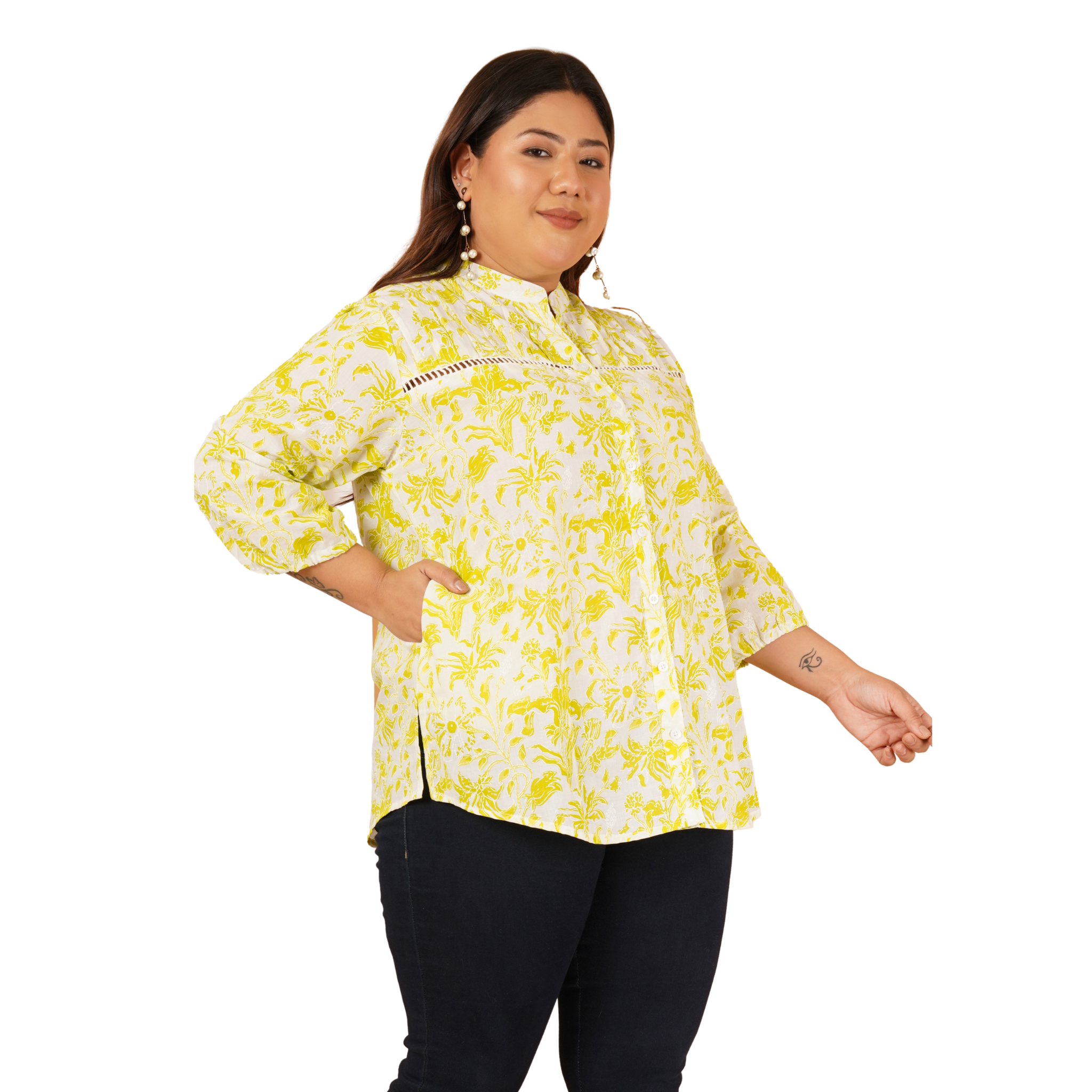 Yellow Print Plus Size Lace Shirt
