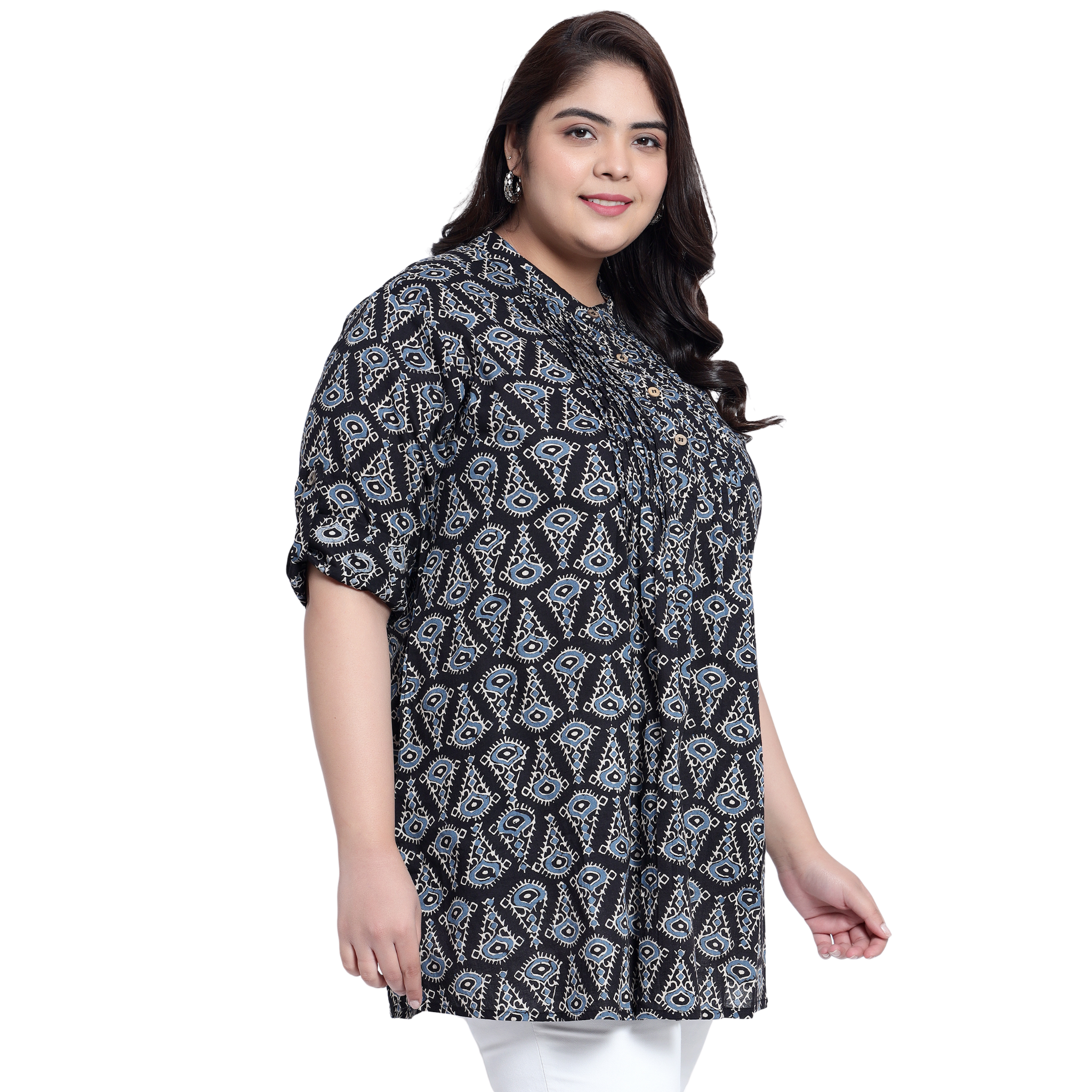Black Geometric Print Pleat Plus Size Tunic