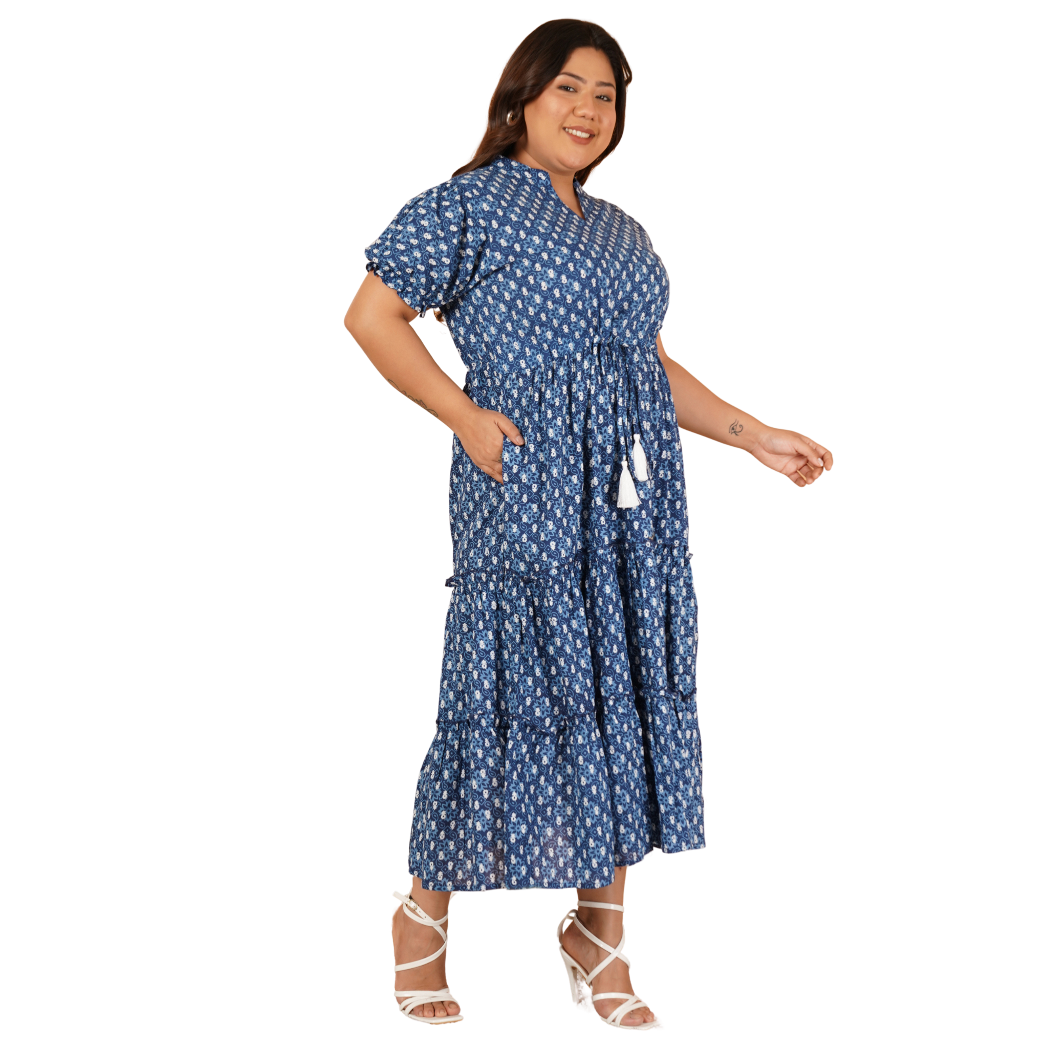 Blue Floral Tiered Plus Size Dress