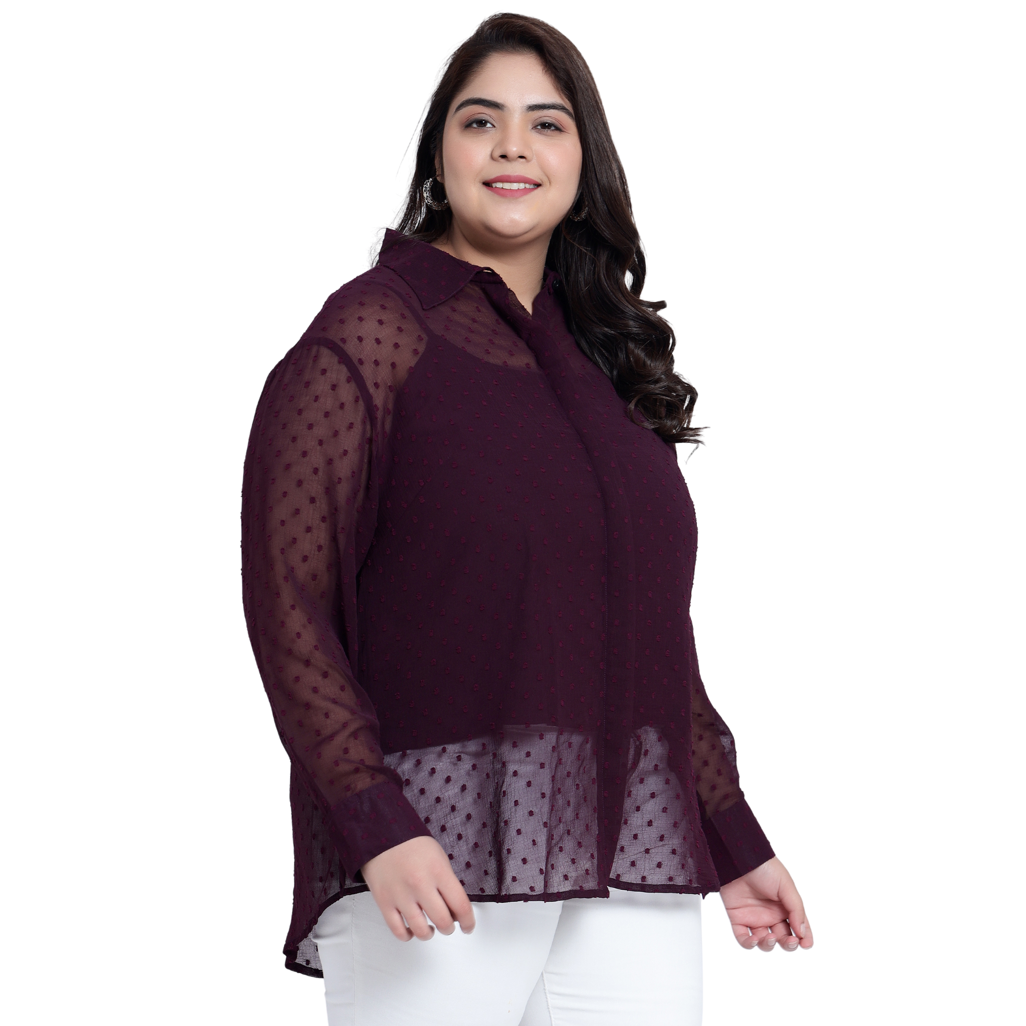 Purple Dobby Sheer Plus Size Shirt with Slip